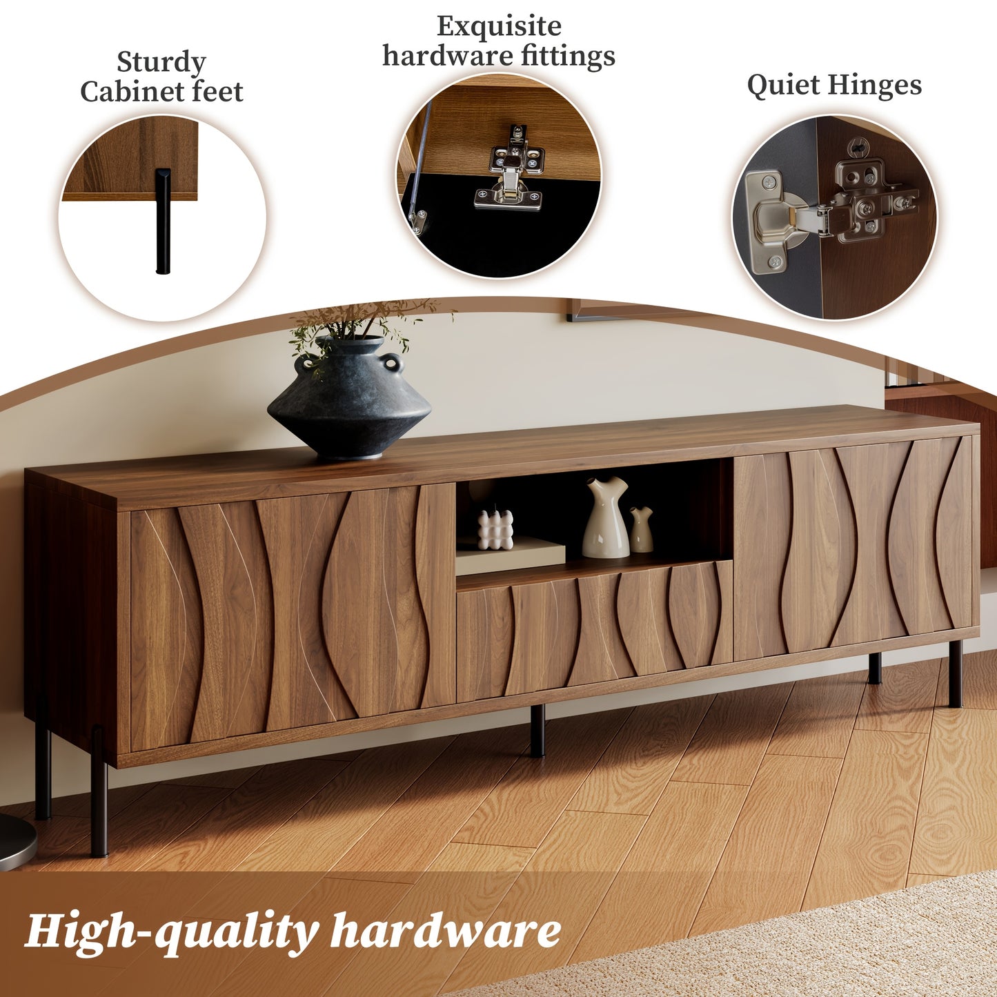 TV-meubel – TV-kast – Lowboard – Dressoir – Media meubel – 3D Gestreept – Bamboe – Laag Ontwerp – Vloerplaatsing