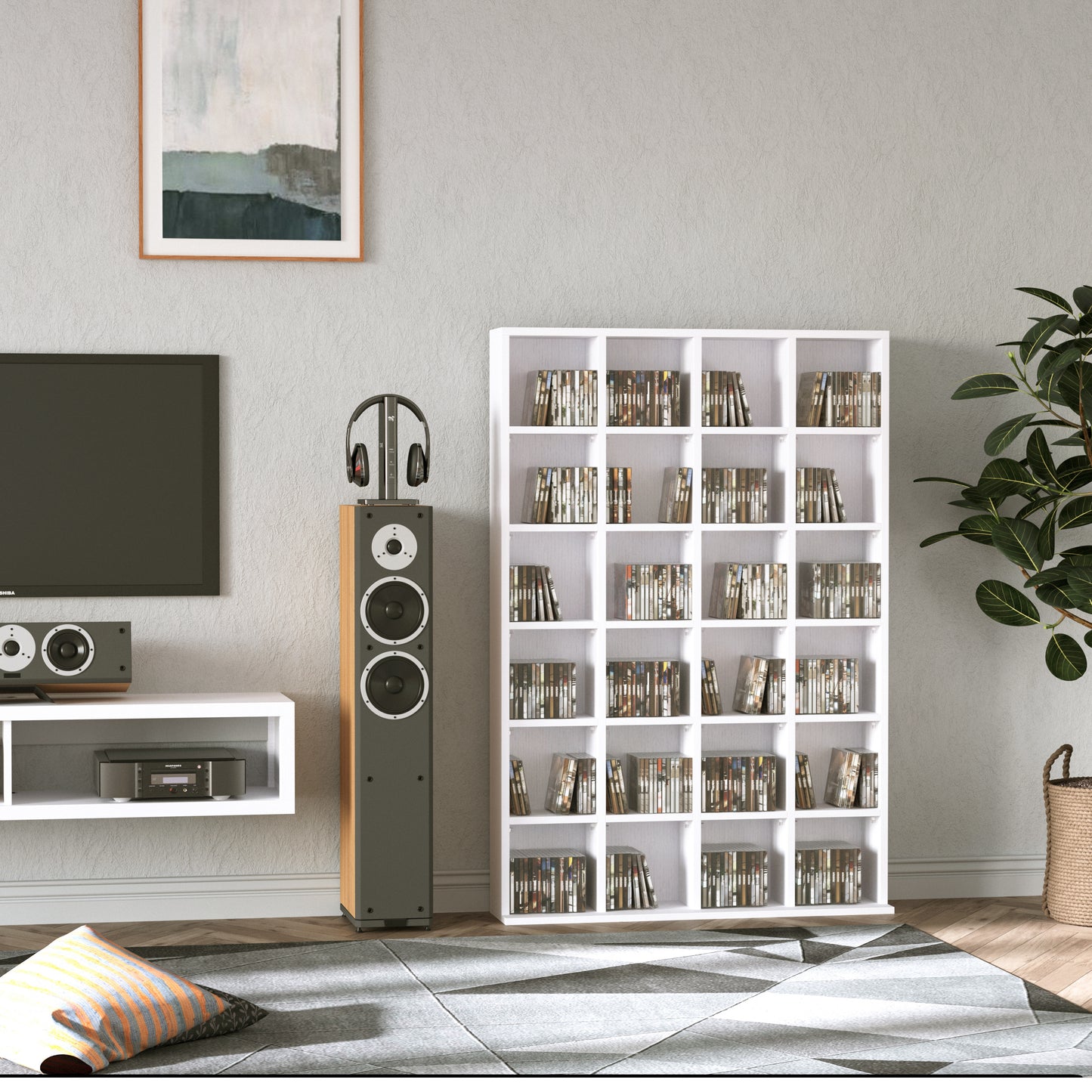 Multimedia Opbergkast – Cd-Kast – Dvd-Kast – Boekenkast – Mediamuur – Verstelbare Planken – Wit Hout – 89 x 130,5 cm