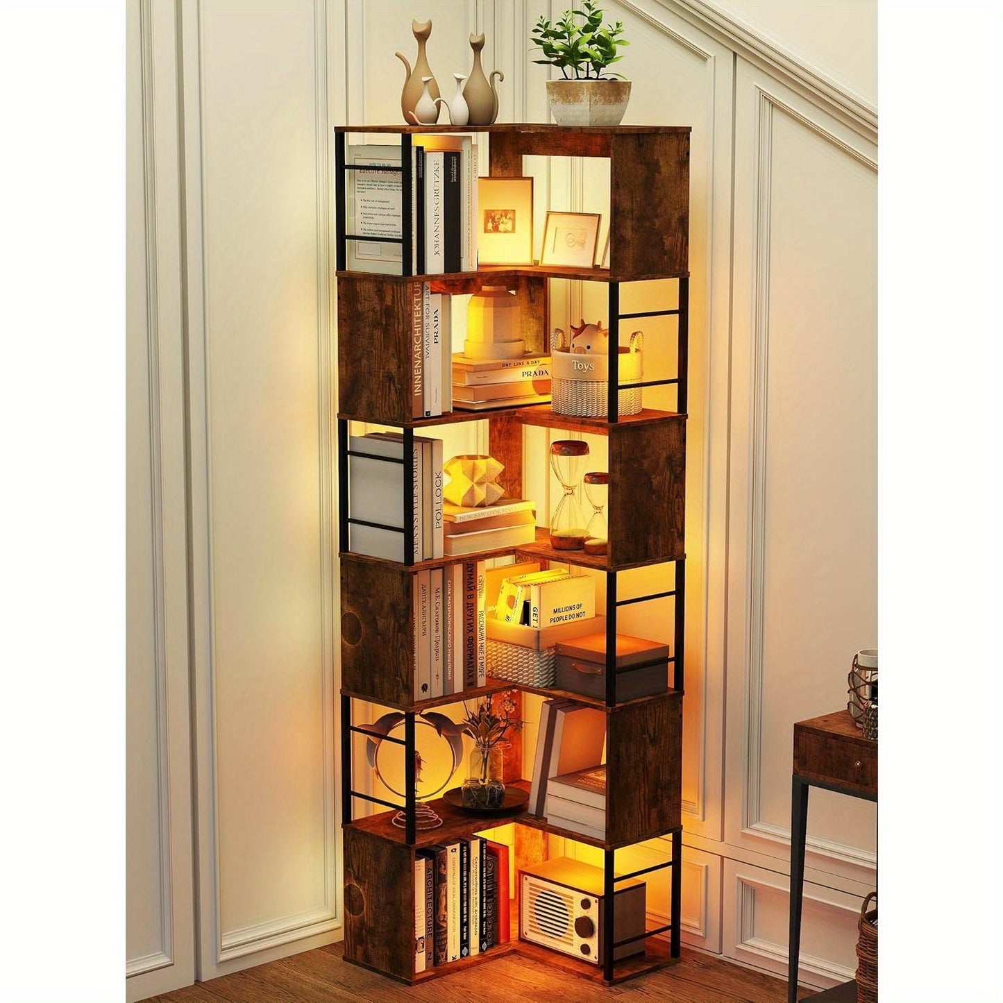 Hoekboekenplank – Hoekrek – Boekenrek – Opbergkast – Boekenkast – Industrieel Design – 7 Lagen – Stalen Frame – 188 cm Hoog – Zwart/Bruin