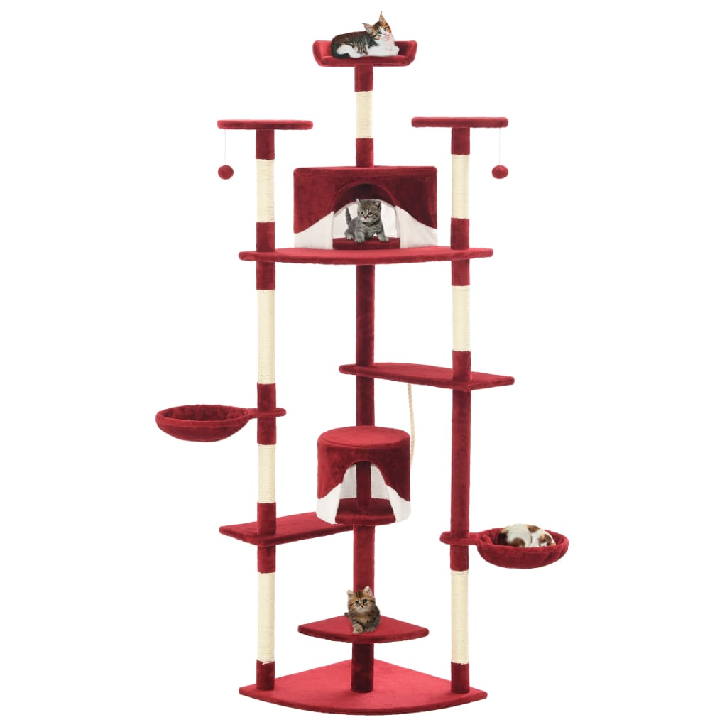 Kattentoren – Krabpaal – Klimmeubel – Kattenboom – Kattenhuis – Sisal Krabpalen – Zachte Polyester Bekleding – Rood-Wit