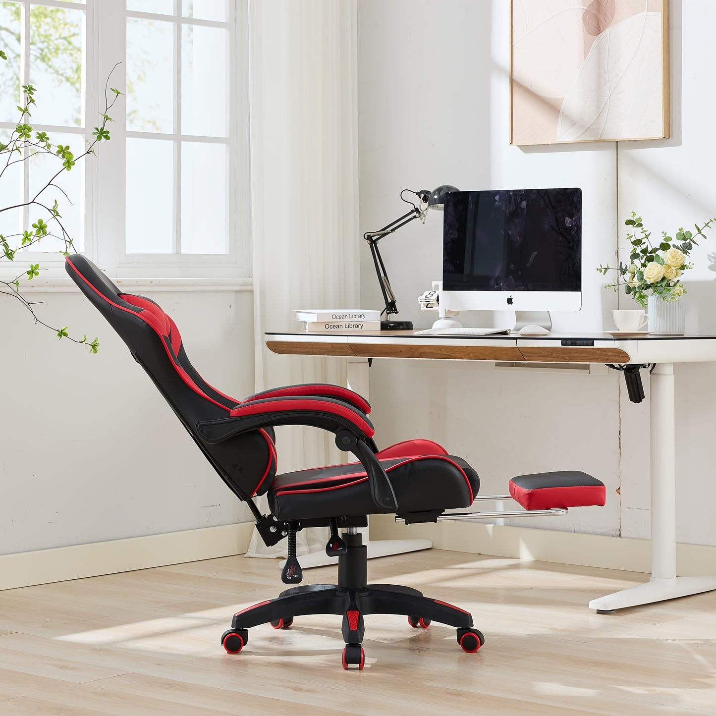 Gamingstoel – Gamestoel – Gaming Chair – Game Stoel – Bureaustoel – Ergonomisch – Echt Leer – 360° Draaibaar – Verstelbare Hoogte en Voetsteun – Rood/Zwart