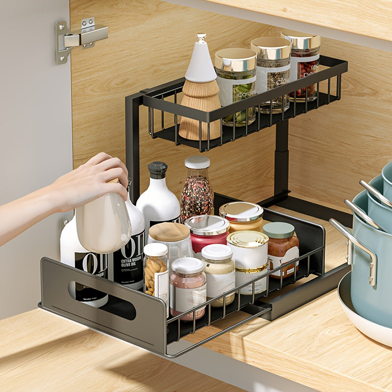 Ladeorganizer – Ladeverdeler – Keukenkastorganizer – Badkamerrek – Opbergmand – Uitschuifbare Lade – Verstelbare Hoogte – Metalen Stevige Constructie – Compact L-vormig Design 27x36x28 cm – Zwarte Roestbestendige Afwerking