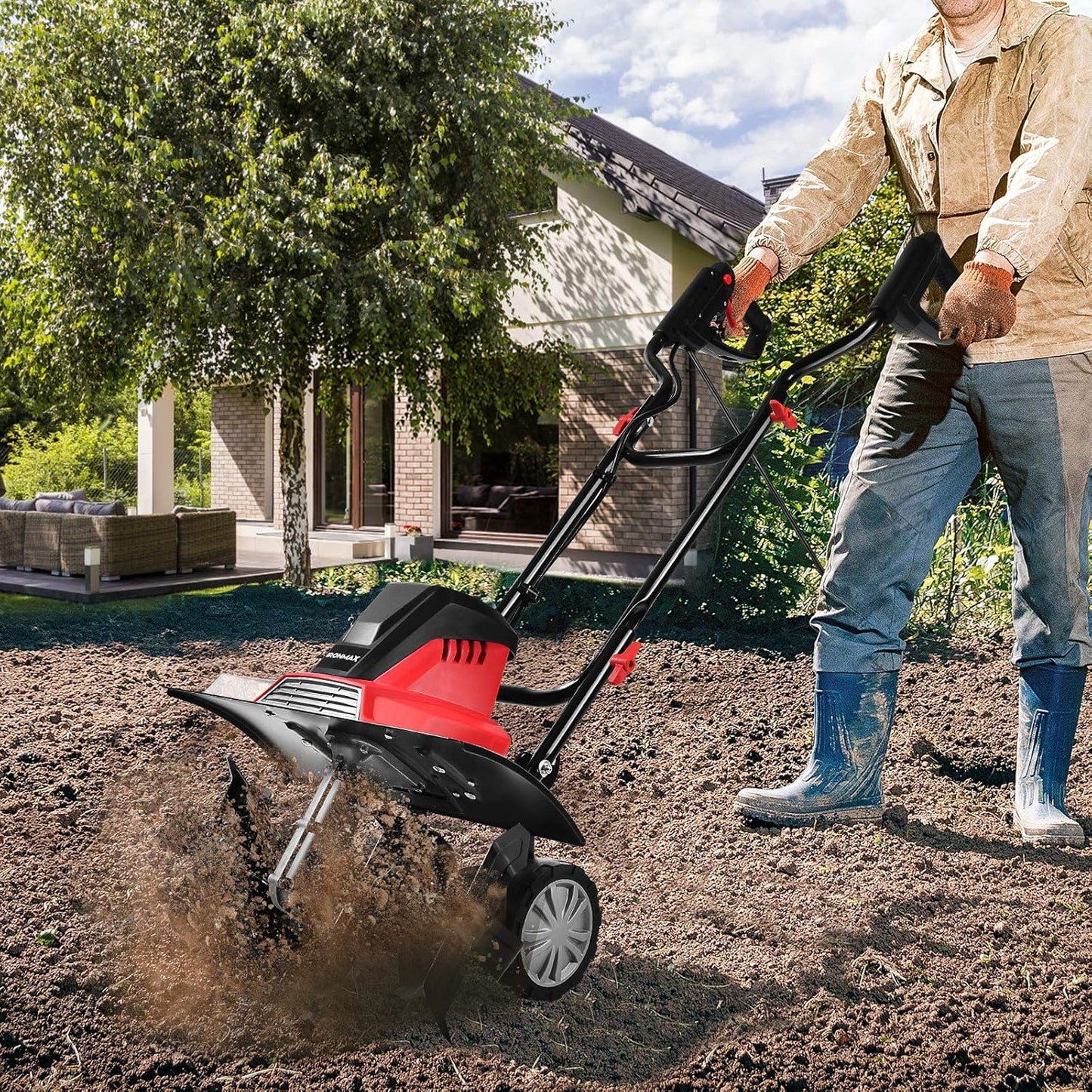 Elektrische Cultivator – Tuinfrees – Grondbewerker – Mini Tiller – Elektrische Hark – 13,5 Amp Motor – 6 Scherpe Messen – Inklapbaar Handvat – Verstelbare Wielen – Rood/Zwart