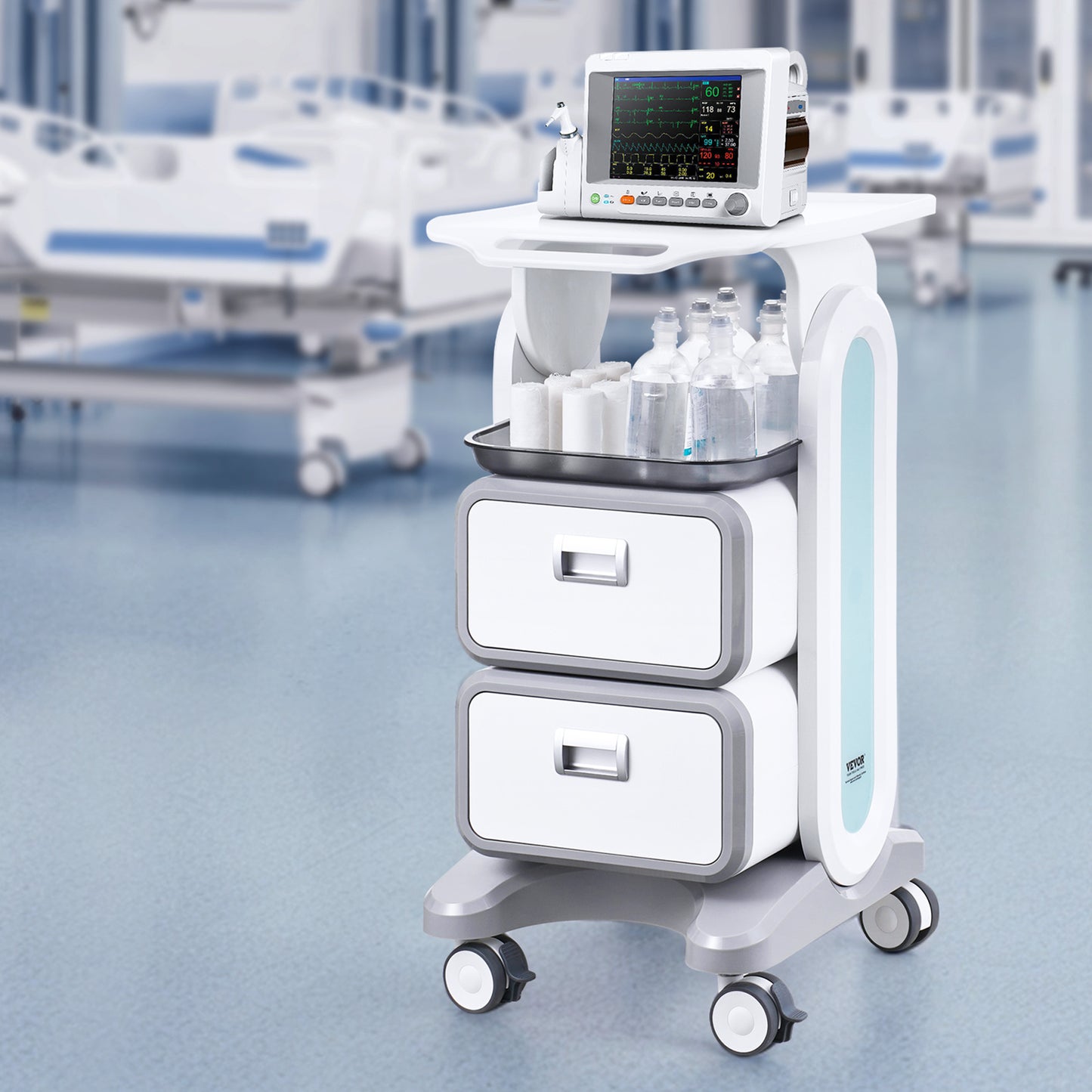Medische Trolley – Verrijdbare Wagen – Lab Trolley – Behandelwagen – Opbergwagen – 3 Niveaus Met 2 Laden – Hoogwaardig ABS Kunststof & Vergrendelbare Wielen