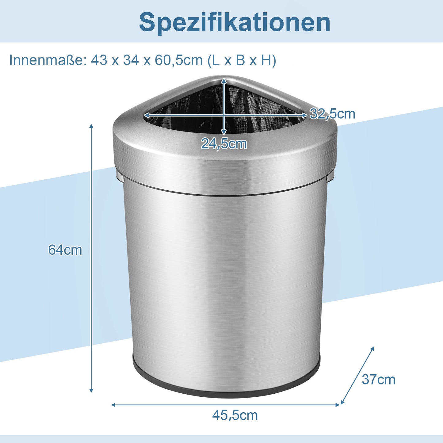 Hoekafvalbak RVS – Afvalbak Driehoekig – Prullenbak Zakhouder – Vuilnisbak Open Top – Zilver – 60 Liter Inhoud – Anti Vingerafdruk