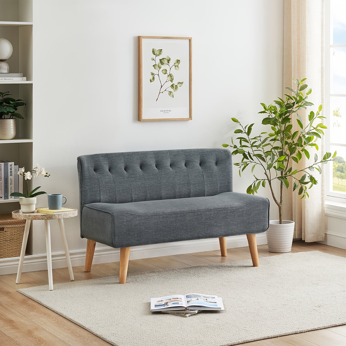 2-zitsbank – Tweezitsbank – Stofbank – Loveseat – Bankstel – Linnenlook Bekleding – Houten Poten – Compact 117x56x78 cm – Retro Design