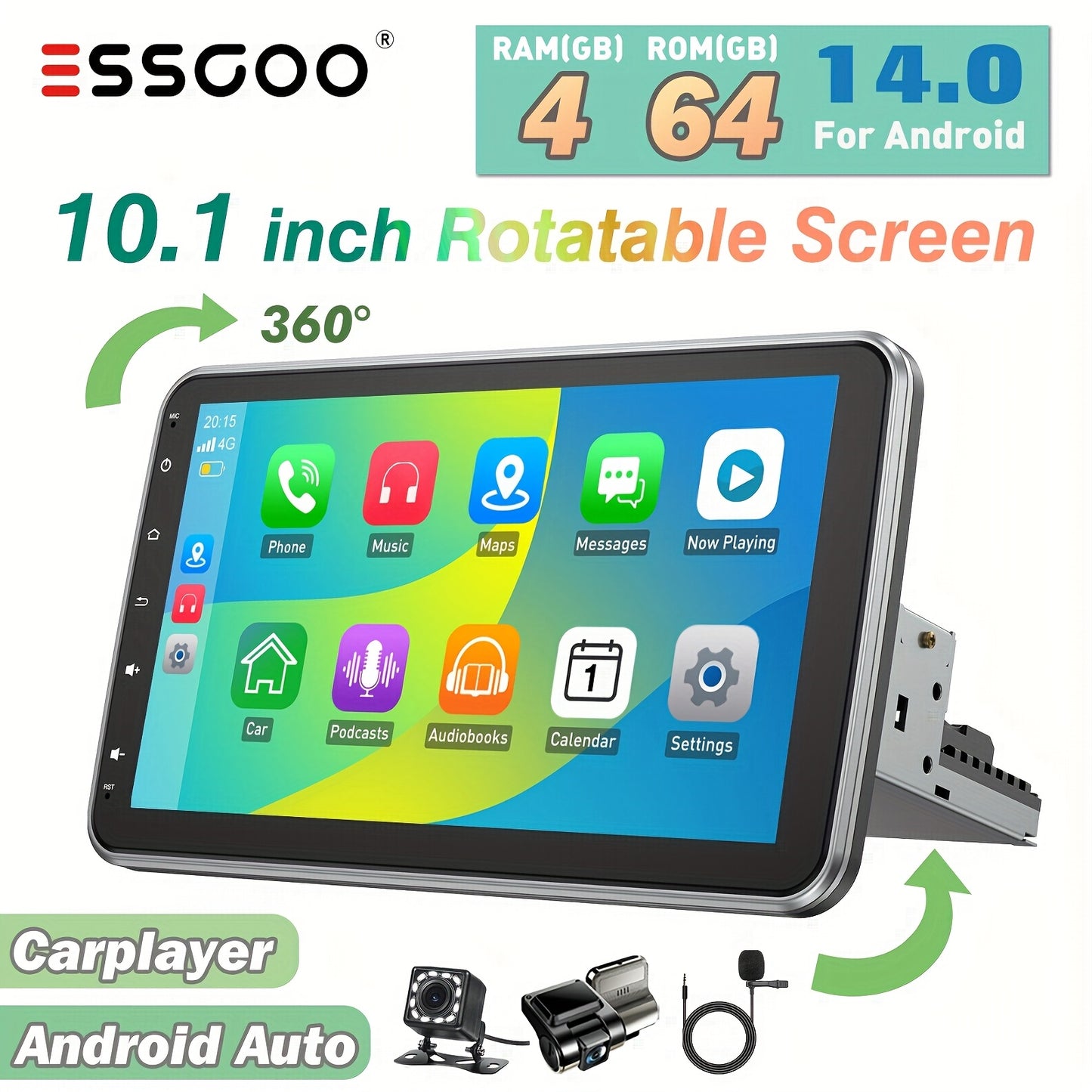 Single DIN Autoradio – Autoradio Met Draaibaar Scherm – Android Autoradio – Auto Multimedia Speler – Autoradio Met Camera – 10,1 Inch HD Touchscreen – Draadloos CarPlay & Android Auto