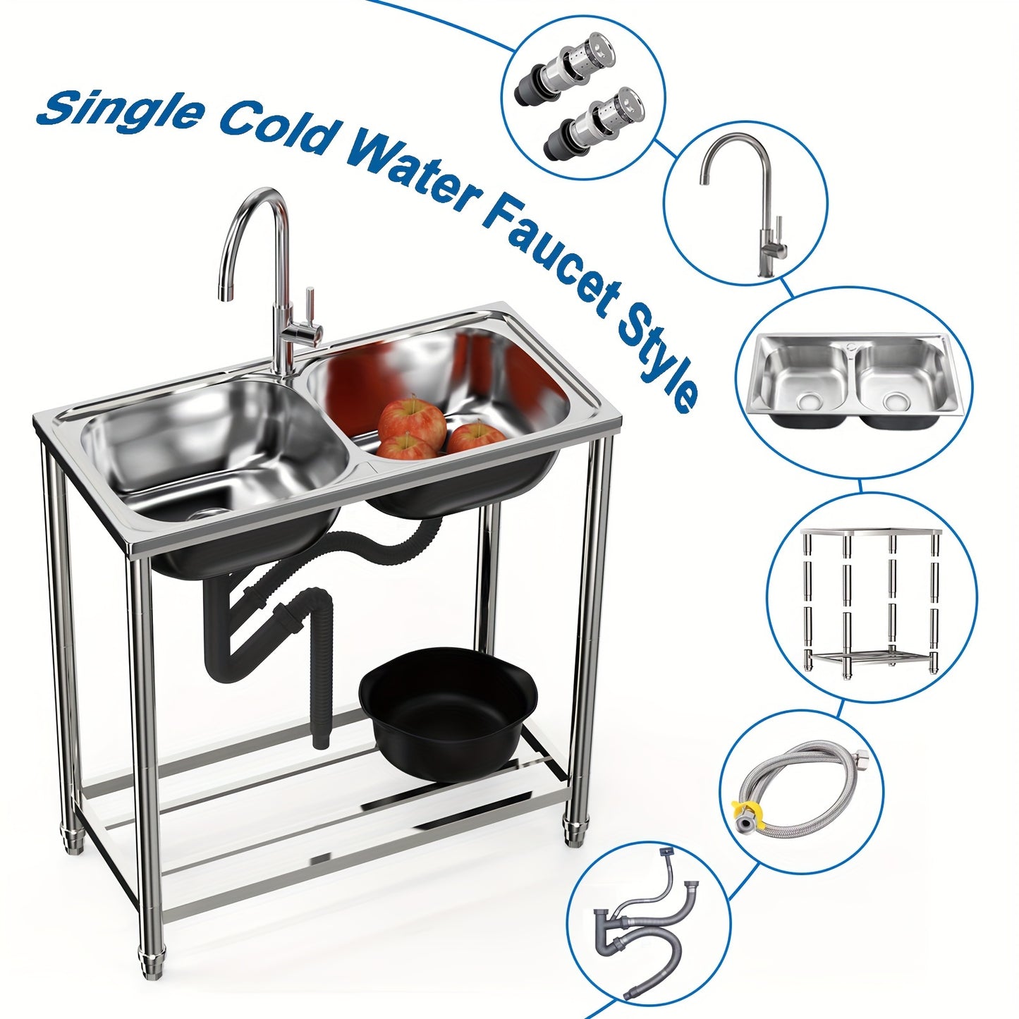 Buitenkeuken Spoelbak – Tuinbak – Mobiele Wasbak – RVS Wastafel – Dubbele Kom – Roestvrij Staal – Vrijstaand – Warm en Koud Water