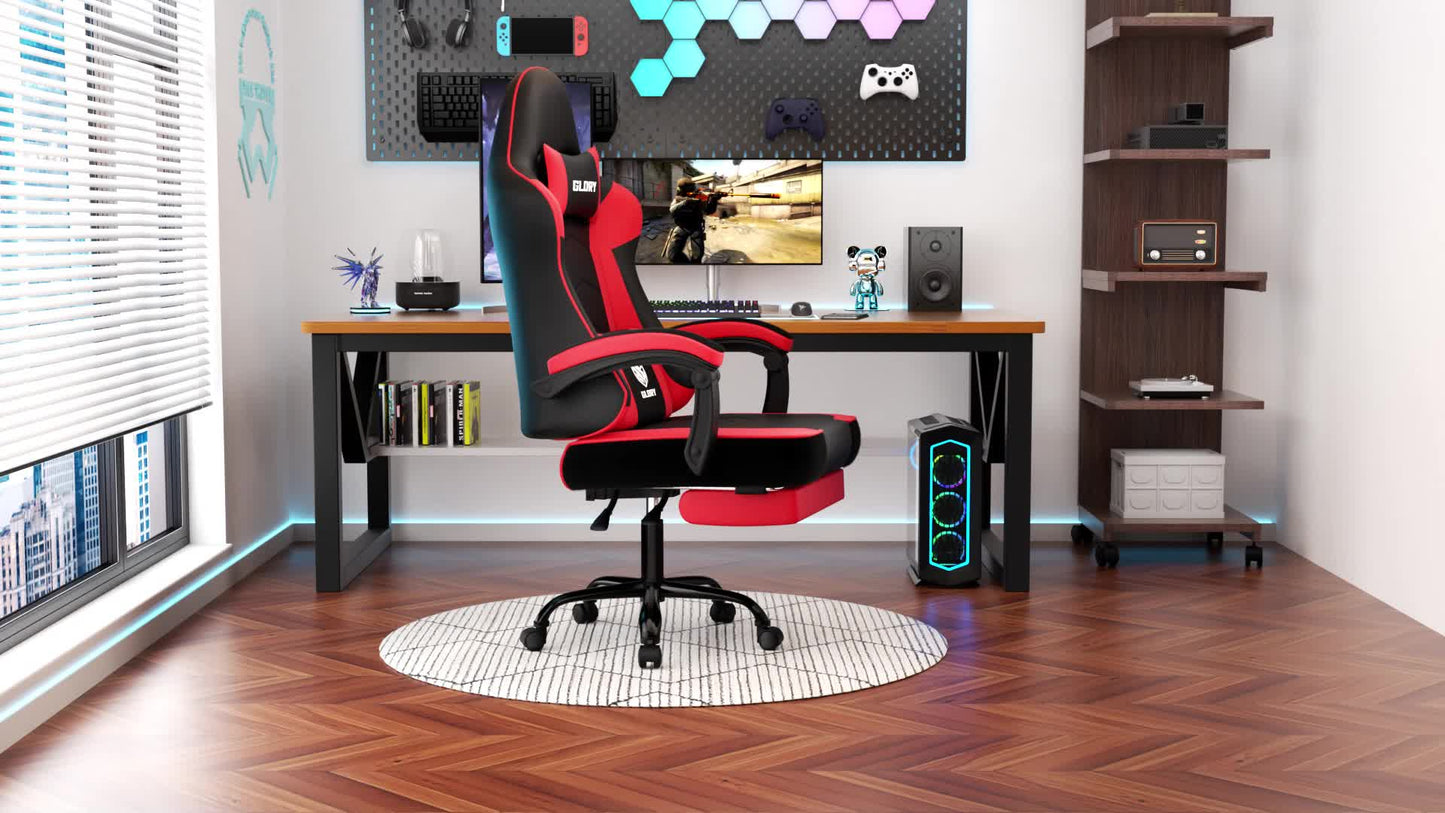 Gamingstoel – Gamestoel – Bureaustoel – Gamefauteuil – Zithoekstoel – Ergonomisch met Voetensteun – Verstelbare Lenden- en Hoofdsteun – 360° Draaibaar – Geschikt tot 200 kg