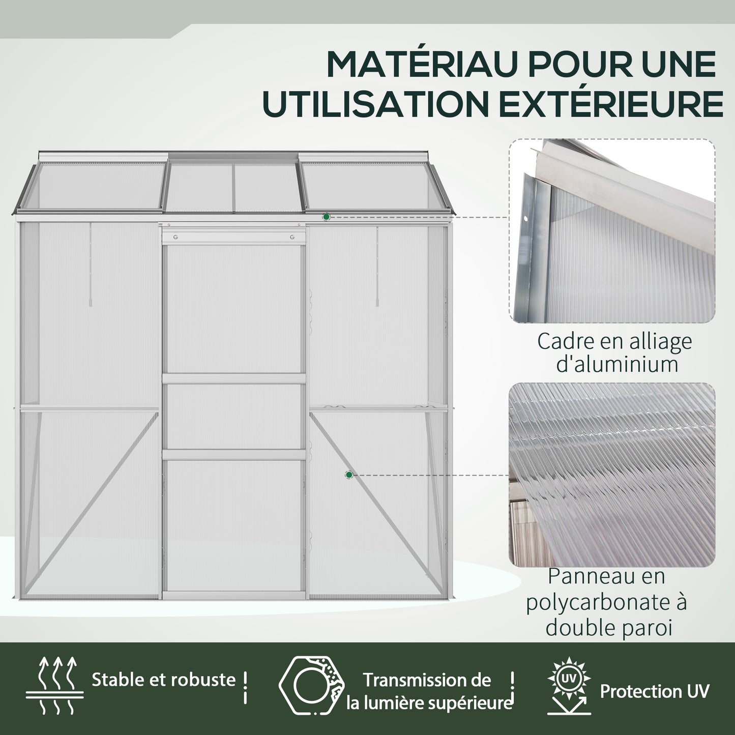 Kweekkas – Tuinkas – Broeikas – Serre – Anbouwkas – Aluminium Frame – Dubbelwandig Polycarbonaat – Verstelbare Dakramen – 190x70x200 cm – Transparant