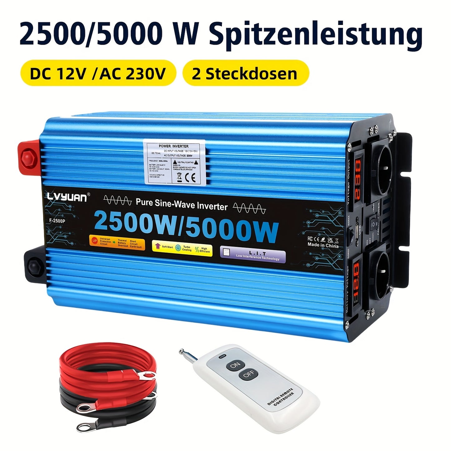 Zuivere Sinus Omvormer – Stroomomzetter – Spanning Converter – DC naar AC Inverter – Autoinverter 12V 2500W – LED Display – 2 Stopcontacten & USB Poorten