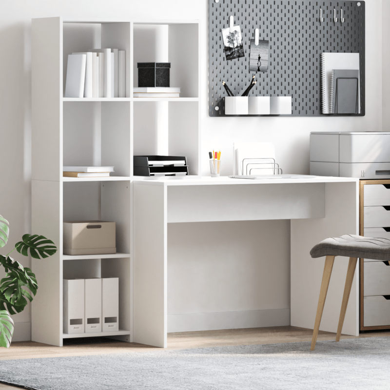 Bureau – Schrijftafel – Computertafel – Werkplek – Meubel – Wit Gelakt – Ruim Werkblad 138,5x55 cm – Met Opbergrekken 143 cm Hoog