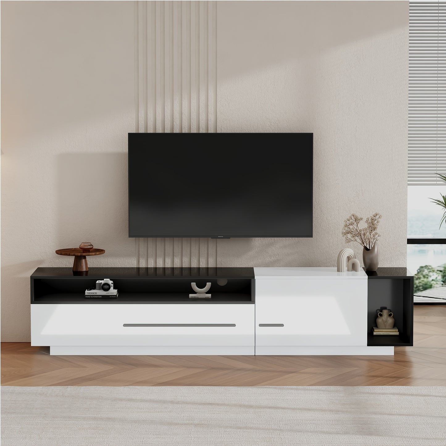 TV Meubel – Hoogglans TV Kast – Lowboard – TV Dressoir – Tv Kastje – Licht Wit + Zwart – 170 Cm Breed – Geschikt Voor TV Tot 70 Inch