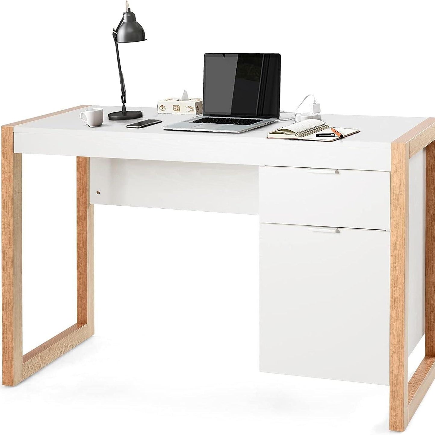 Bureau – Computertafel – Schrijftafel – Kinderbureau – Kantoorbureau – Wit – Houten Afwerking – Met Lade En Kast – 112x50x75 cm