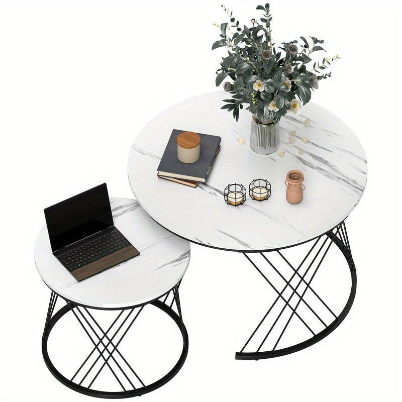Set van 2 Ronde Salontafels – Bijzettafels – Tafeltjes – Nestbare Tafels – Witte Marmerlook Tafels – Nestbaar Ontwerp – Stevig Metalen Onderstel