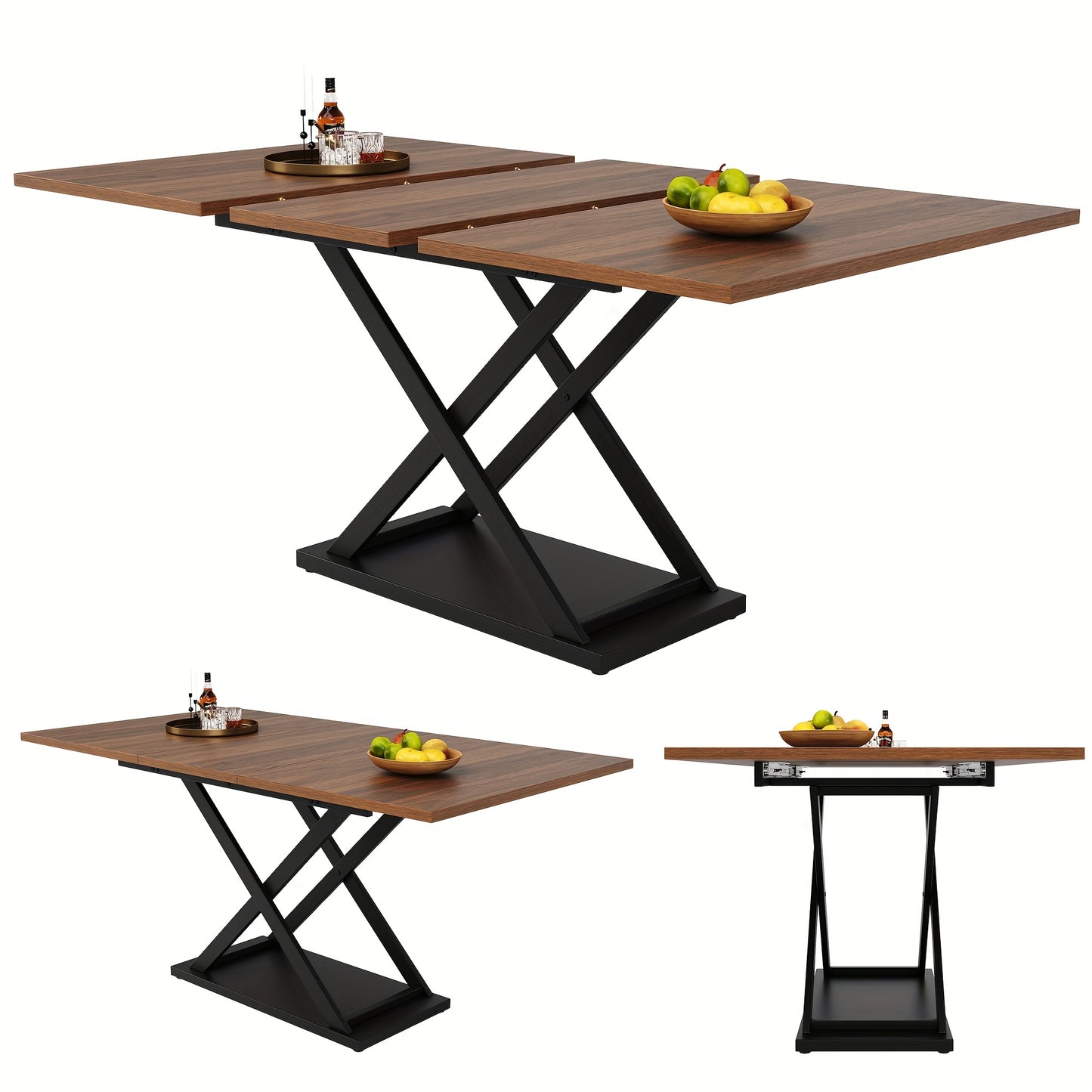 Extendable Walnut Dining Table with Black Iron Legs, 120-160 x 80cm, Space-Saving Design for Kitchen & Living Room, Classic Hardwood Finish, Easy Assembly, Sturdy X-Shaped Frame, Walnut Furniture