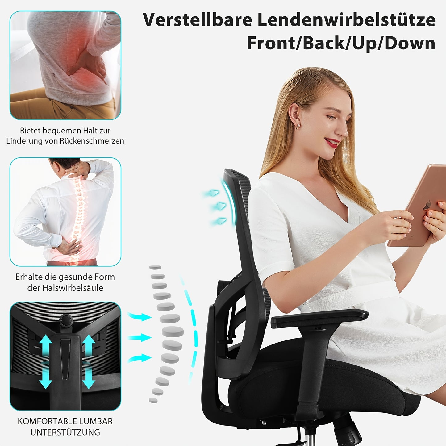 Bureaustoel – Office Chair – Computerstoel – Kantoorstoel – Ergonomische Stoel – Verstelbare Lendensteun & Armleuningen – Draagkracht 200 kg – Mesh Design Zwart