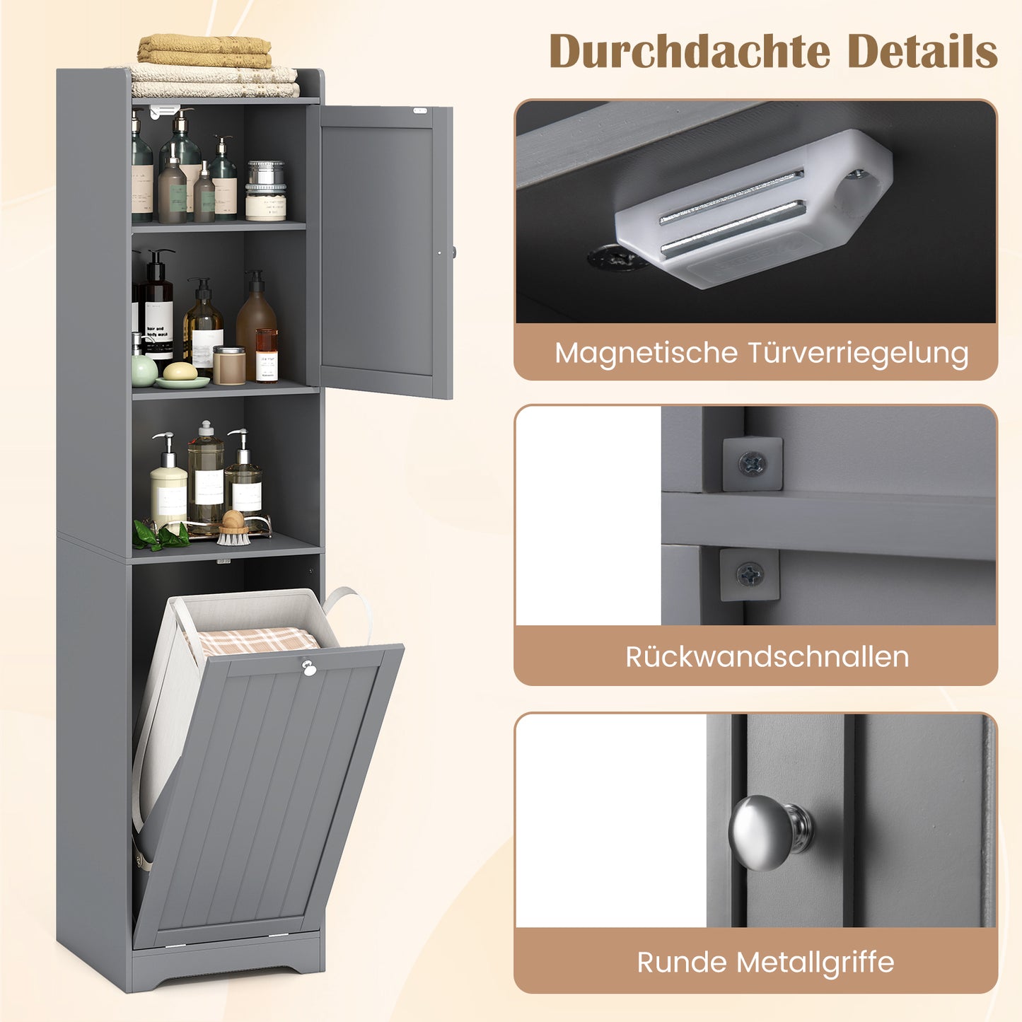 Badkamerkolom – Badkamerkast – Kolomkast – Smalle Kast – Opbergkast – Afneembare 48L Waszak – Verstelbare Plank – MDF – Compact 40x40x170 cm – Grijs