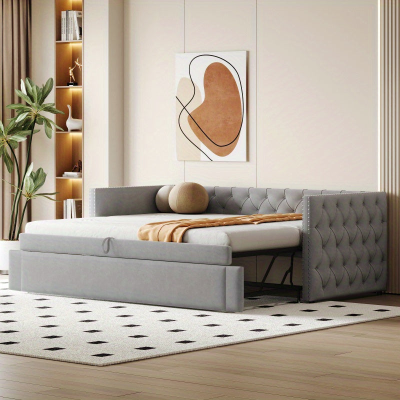 Bedbank – Slaapbank – Uitschuifbed – Logeerbed – Multifunctioneel Bed – Gestoffeerd Fluweel – 90x200 cm – Huidvriendelijk & Stevig Metalen Frame - Grijs