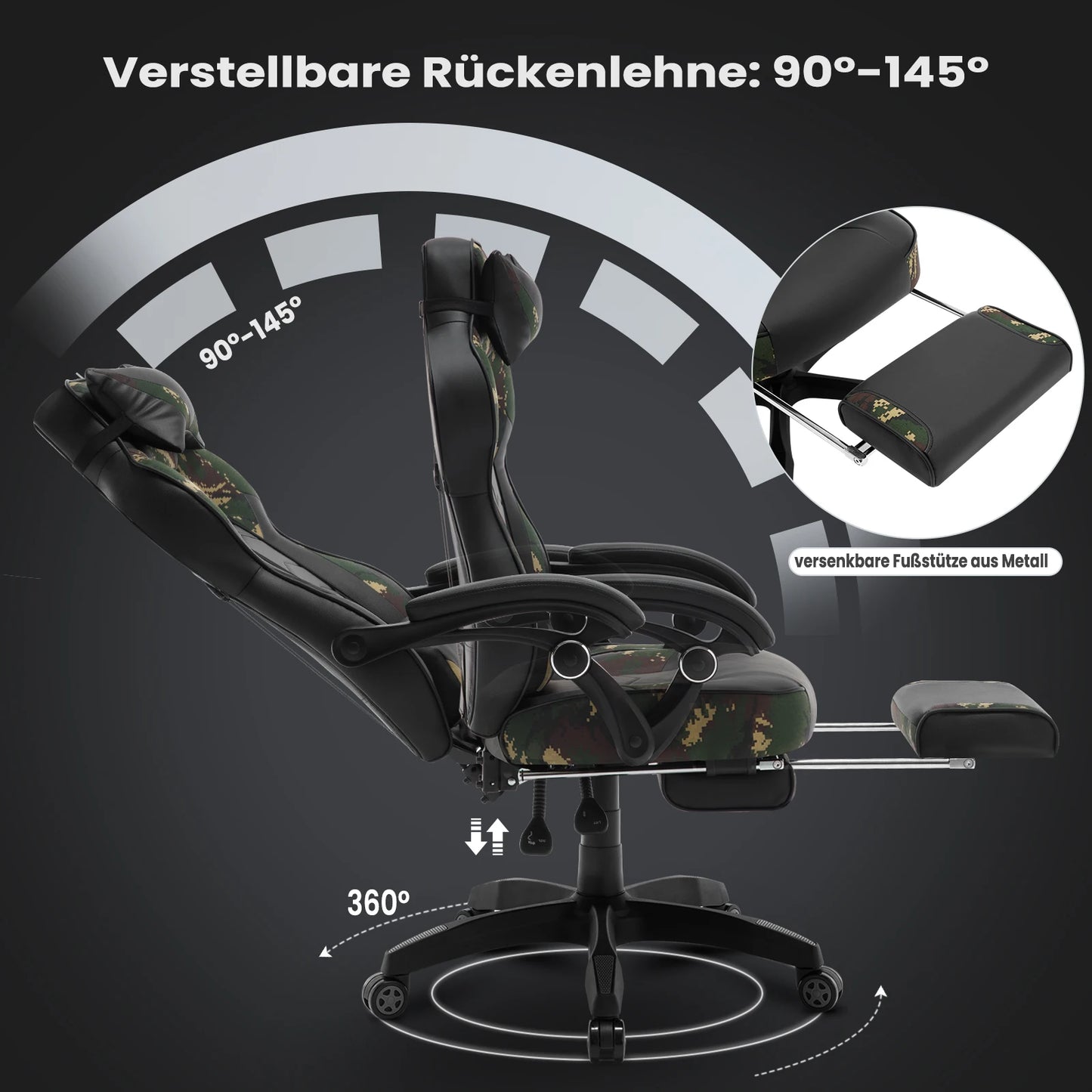 Ergonomische Gaming- en Bureaustoel – Comfortabele Werkstoel – Verstelbare Rugleuning – Voetensteun – Kunstleer – Maximale Draagkracht 120 Kg – Zwenkwielen - Camouflage