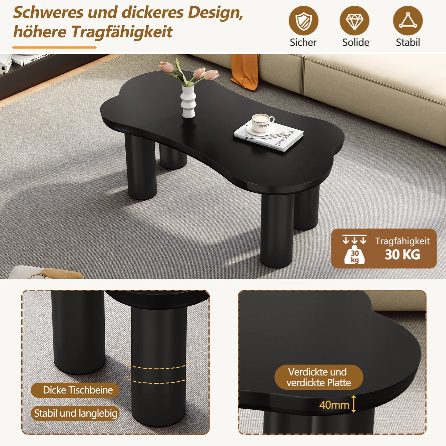 Salontafel – Botvormige Tafel – Woonkamertafel – Banken Set – MDF Tafelblad – Stevige PVC-Poten - 121.5 x 65.5 x 20 cm - Zwart