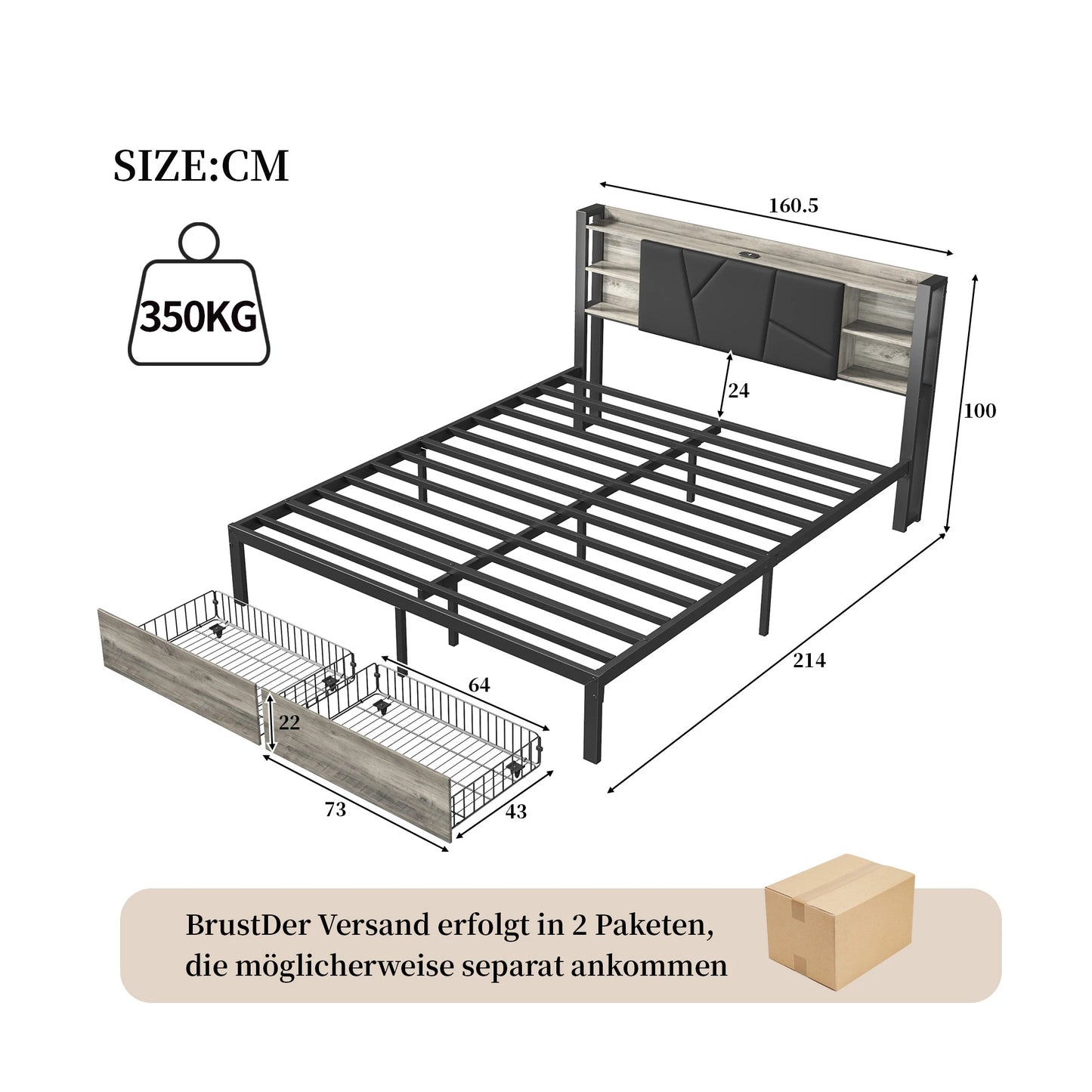 Metalen Tweepersoonsbed – Bedframe – Bed met Opberglades – LED Bed – Gestoffeerd Bed – 160x200 cm – Ingebouwd USB Oplaadstation – RGB LED Verlichting