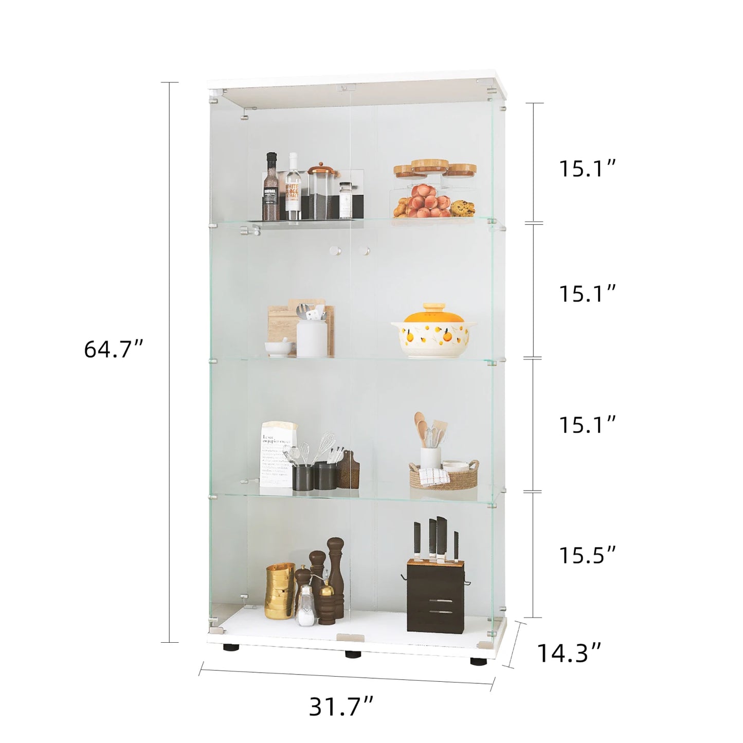 Vitrinekast – Glazen Kast – Opbergkast – Displaykast – Verzamelkast – 4 Glazen Planken – Dubbele Deuren Met Slot – Wit