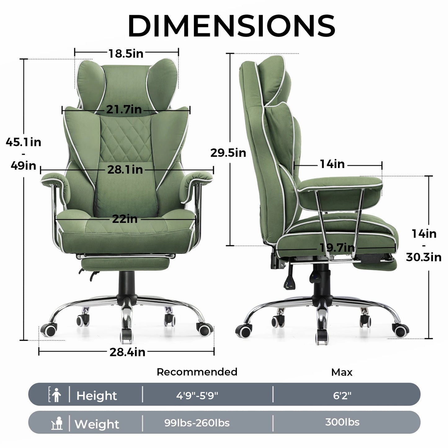 Ergonomische Bureaustoel - Gaming Stoel - Stoelen - Bureaustoelen - met Pocketvering Rugsteun -Verstelbare Voetsteun - Comfortabele Brede Zitting - 90-135° Kanteling - met Armleuningen en Wieltjes - Zwart - Leer - QUORE