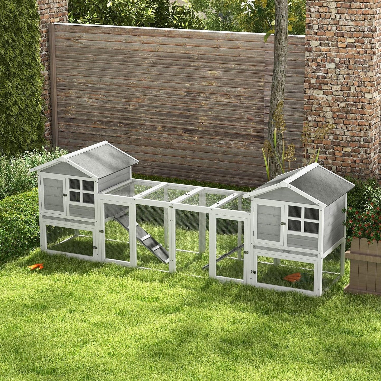 PawHut rabbit hutch combination rabbit hutch XXL hutch for guinea pigs with freewheel driveway two floors for 2-4 rabbits pine wood asphalt 260 x 64 x 92 cm - QUORE
