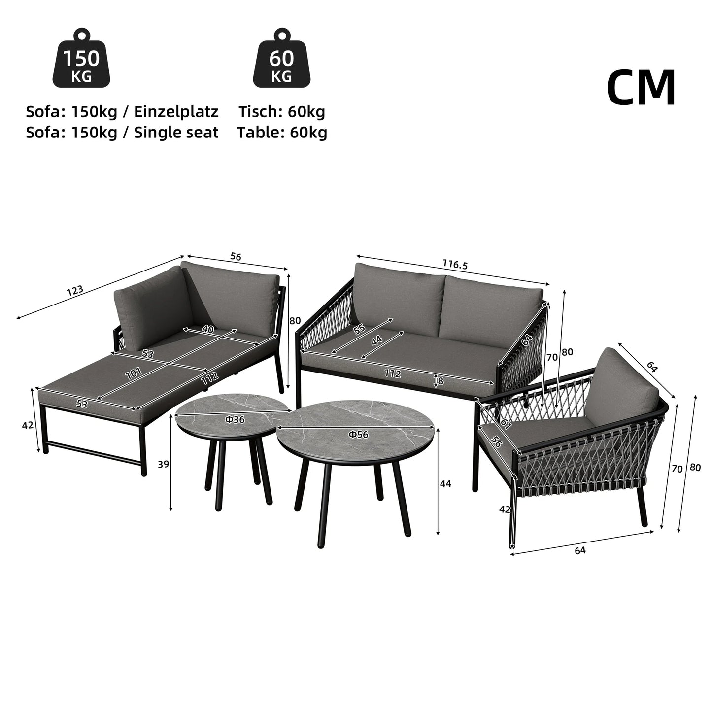 Loungeset Buiten – Loungeset Tuin – Loungeset Balkon – Buitenmeubelset – Gegalvaniseerd Ijzer Frame – Verstelbare Poten