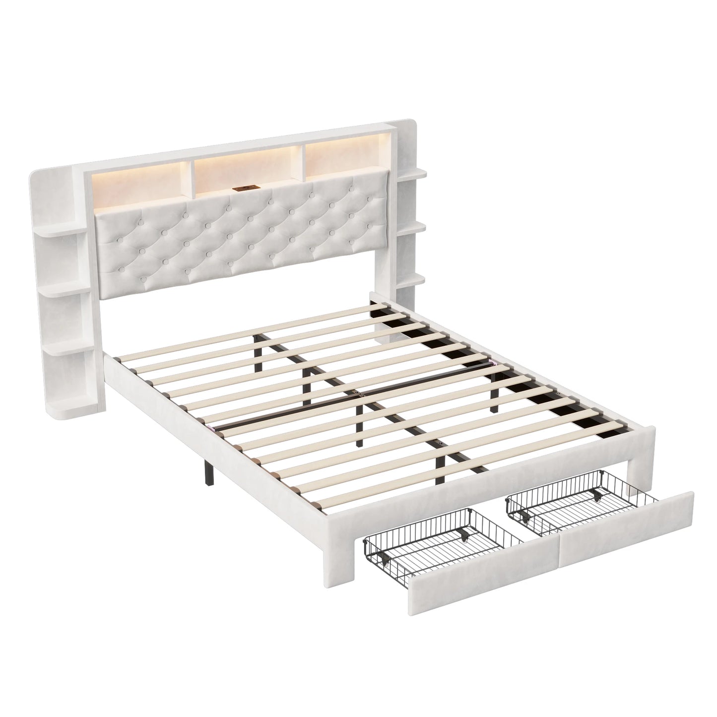 Bedbank – Slaapbank – Logeerbed – Tweepersoonsbed – Opbergbed – 140x200 cm – Gestoffeerd Met USB Oplaadpoort En Instelbare LED-Verlichting