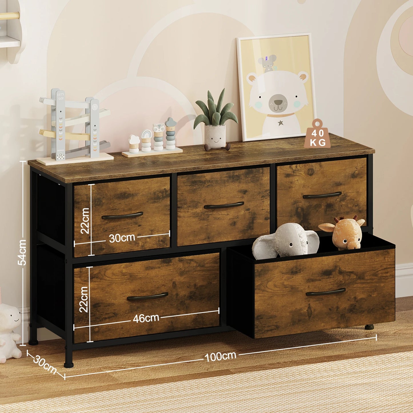 Industriële Opbergkast - Ladekast - Ladekastje - Ladenkastje - Ladenkast - Metaal Frame - voor Woonkamer - Slaapkamer en Hal - 5 Lades - Vintage Bruin Zwart