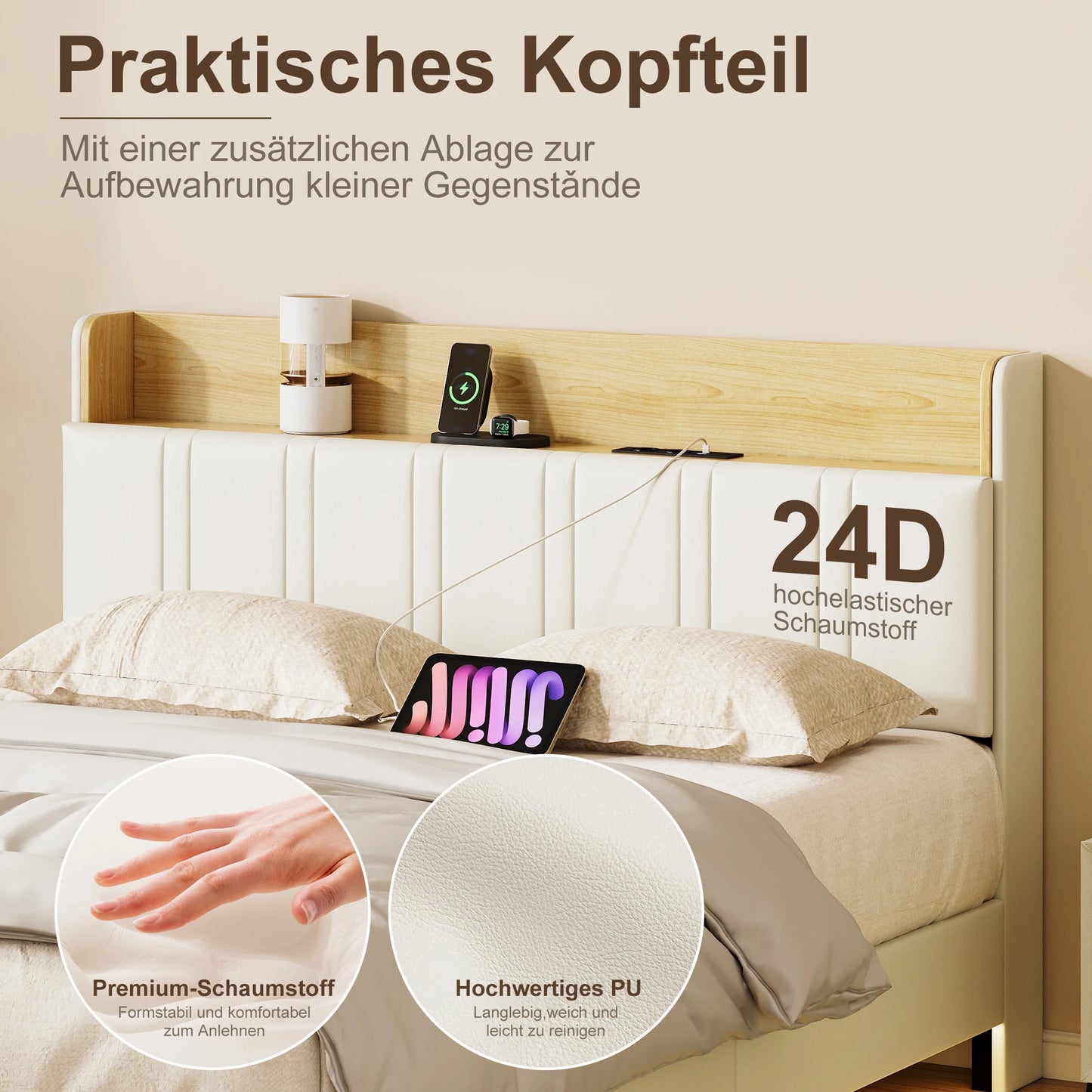 Led bed – Gestoffeerd bed – Opbergbed – Tweepersoonsbed – Bedframe – 140x200 cm – Zwevend ontwerp met LED verlichting – USB oplaadstation geïntegreerd
