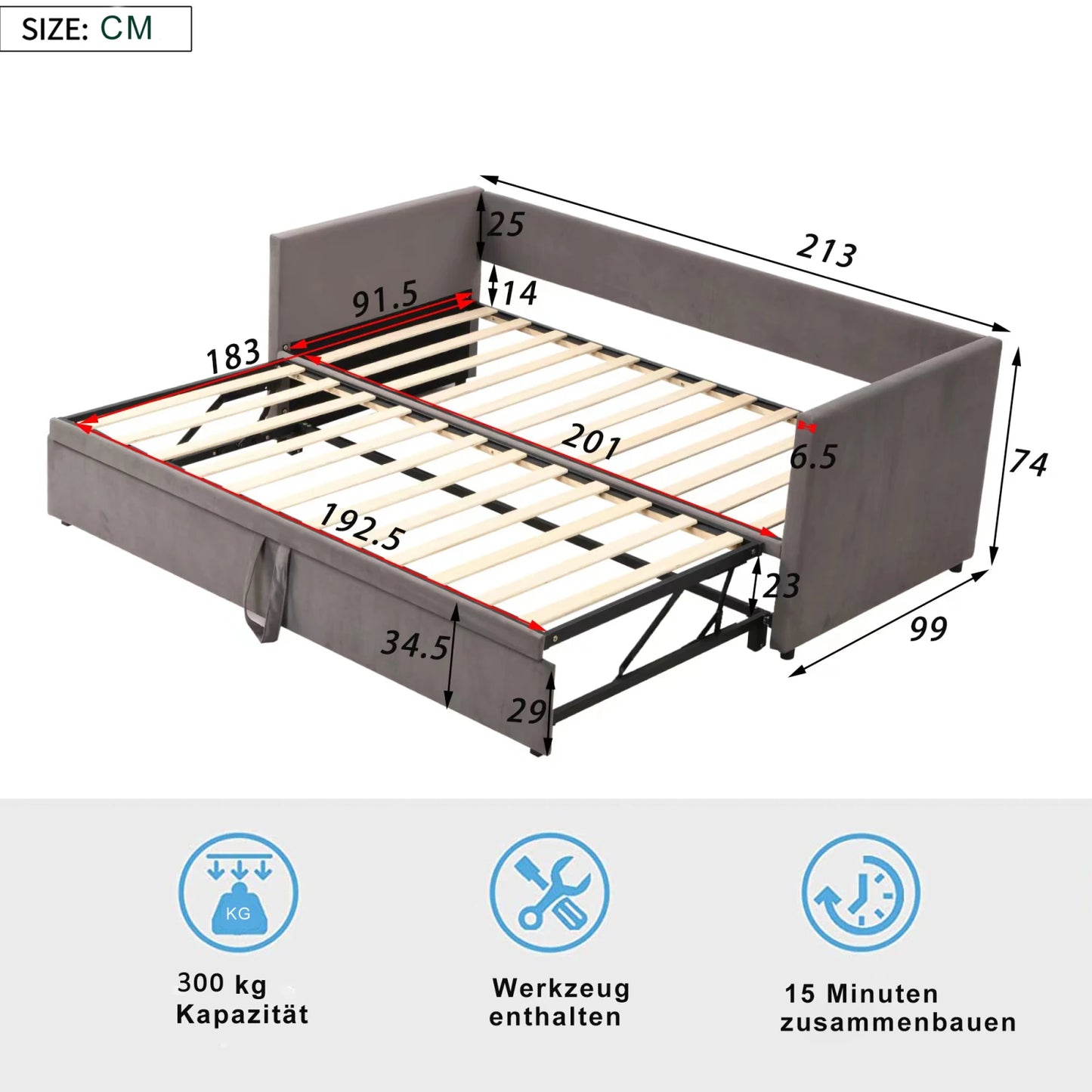 Slaapbank – Sofa Bed – Bedbank – Uitklapbare Bank – 2-Persoonsbed – Verstelbaar Metaal Frame – Grijze Velvet Bekleding – 90x200 cm Uitklapbaar