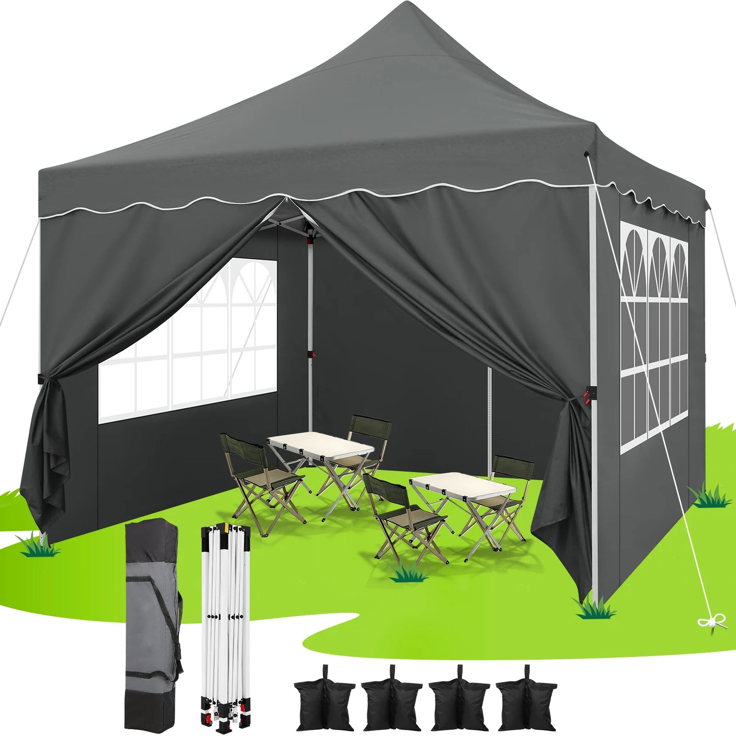 Partytent – Pop-Up Luifel – Tent – Zonnescherm – Schaduwdoek – UV-Bescherming – Waterbestendig – Verstelbaar Frame - 3 x3 Meter - Grijs