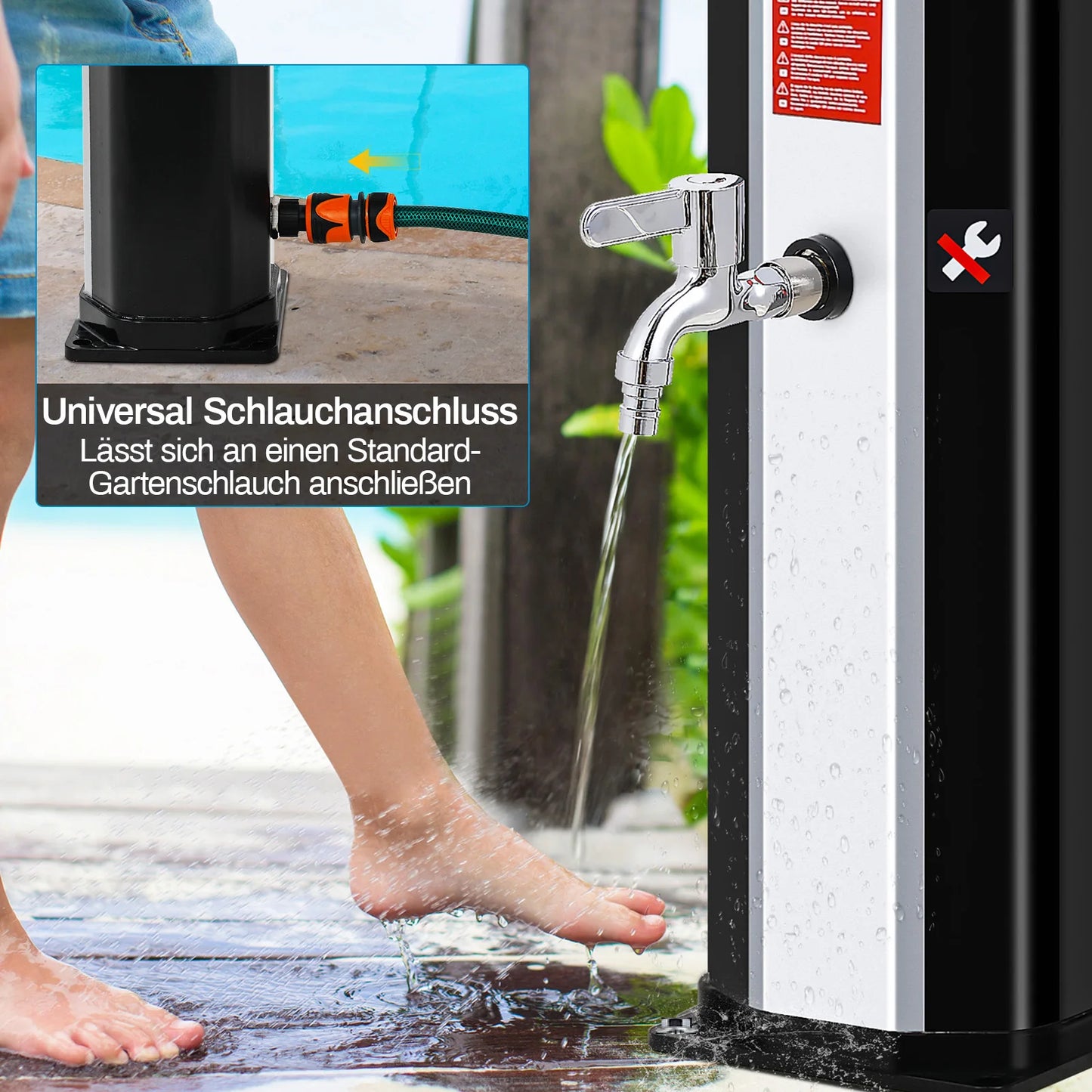 Solar Douche - Douchekraan - Douchepaneel - Camping Douche - Zonnedouche - 35L Solar Shower Kolom – Tuin en Strand Buiten Douche, Koud & Warm Water, Waterproof, Voor Zwembad en Tuin – Zwart Zilver - QUORE