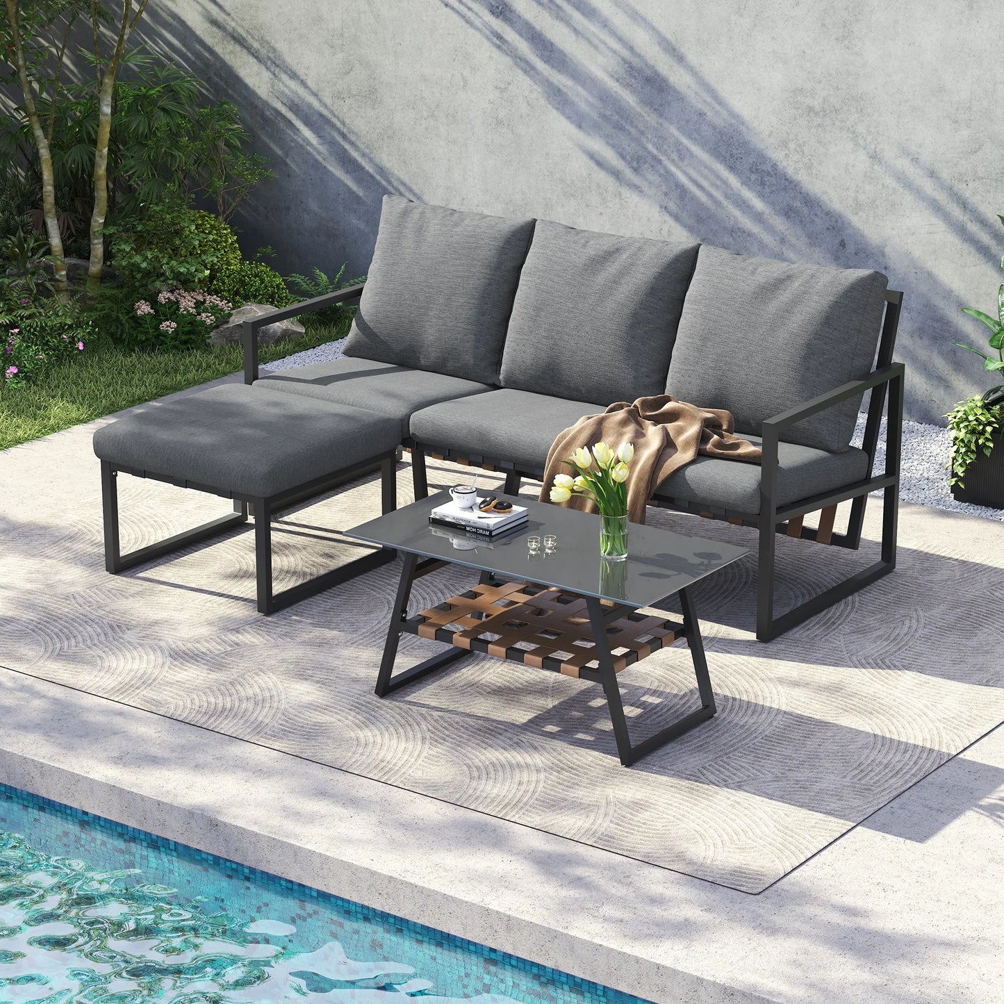 Tuinmeubelset – Hoekige Tuinmeubelset – Buitenmeubelen – Hoekbank – Tuinset – Balkonset – Gegalvaniseerd Stalen Frame – Glazen Tafelblad - Grijs