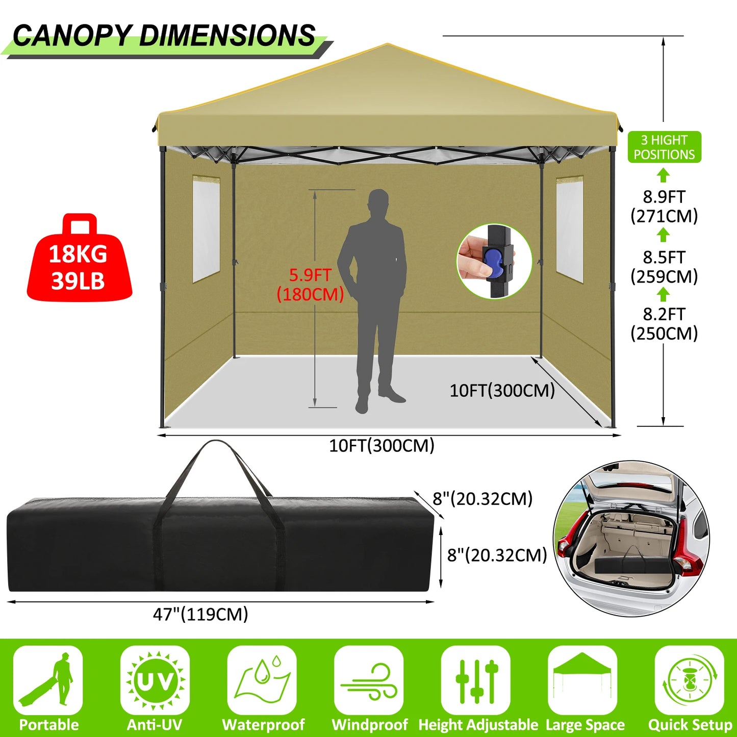 Opvouwbare Luifeltent – Tuin Tent – Partytent – Schaduwdoek – 3x3 Meter – Waterdicht Oxford Doek – Verstelbare Zijwanden - Khaki
