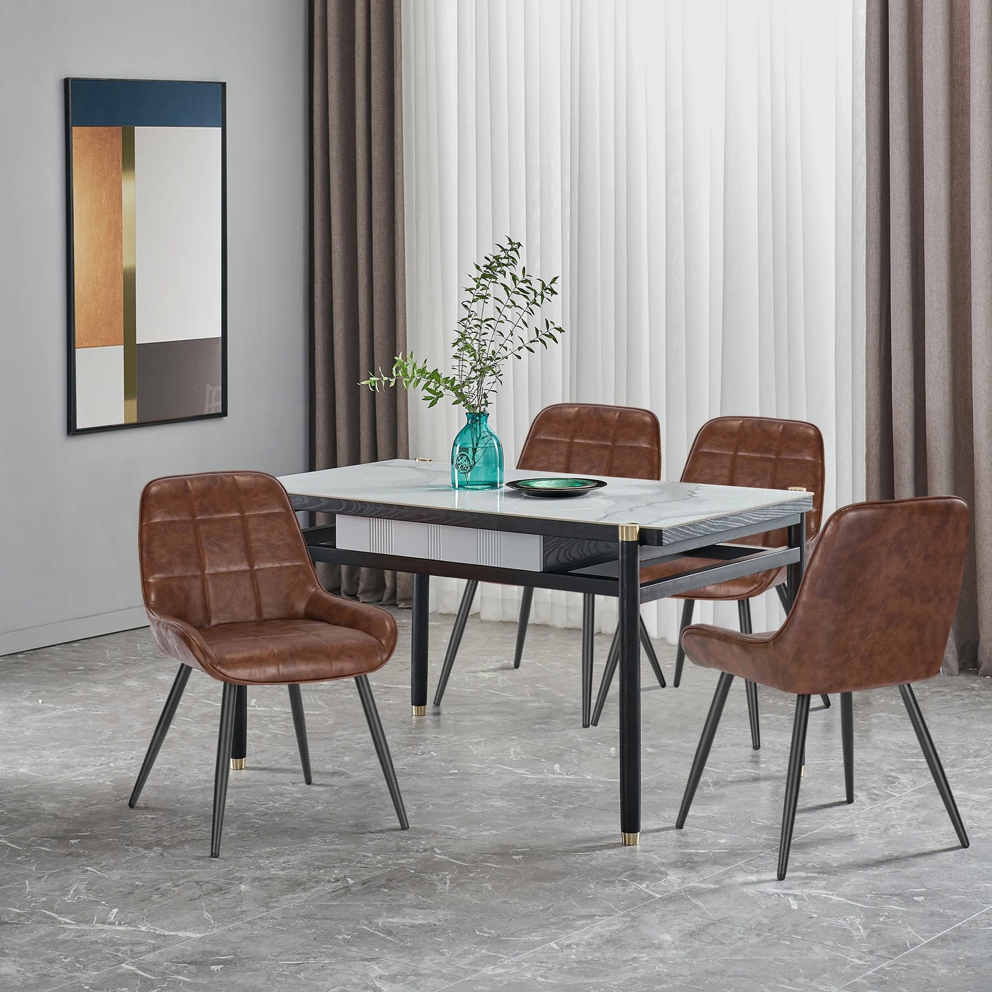 Eetkamerstoelen - Eetstoelen - Keukenstoelen - Set van 4 - Ergonomische Scandinavische Stijl - met Rugleuning - Voor Keuken - Eetgedeelte - Kunstleer Zitje - Metalen Poten - 52 x 51 x 81.5 cm - Bruin - QUORE
