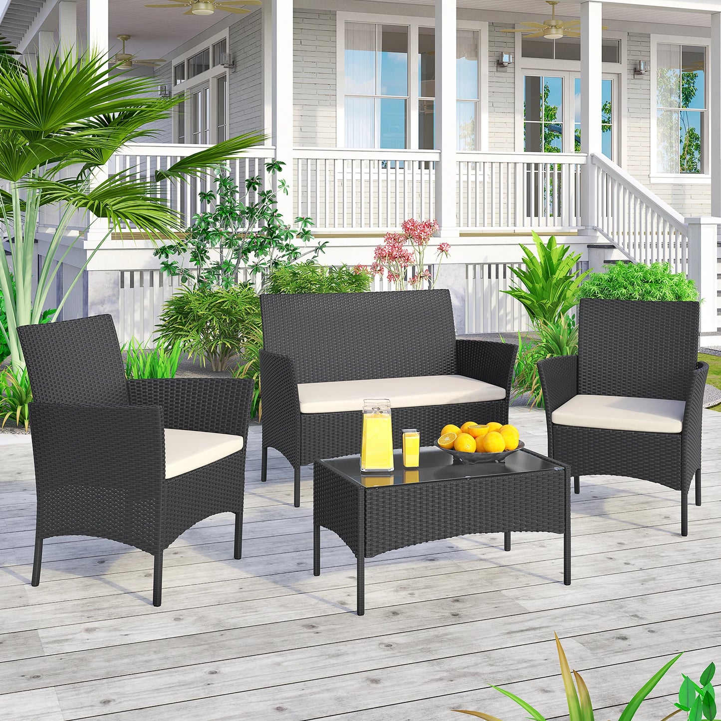 Rattan Loungeset – Tuinset – Loungeset Balkon – Buitenmeubel – Compact 4-Delig – Weerbestendig Staal – Gehard Glas - QUORE
