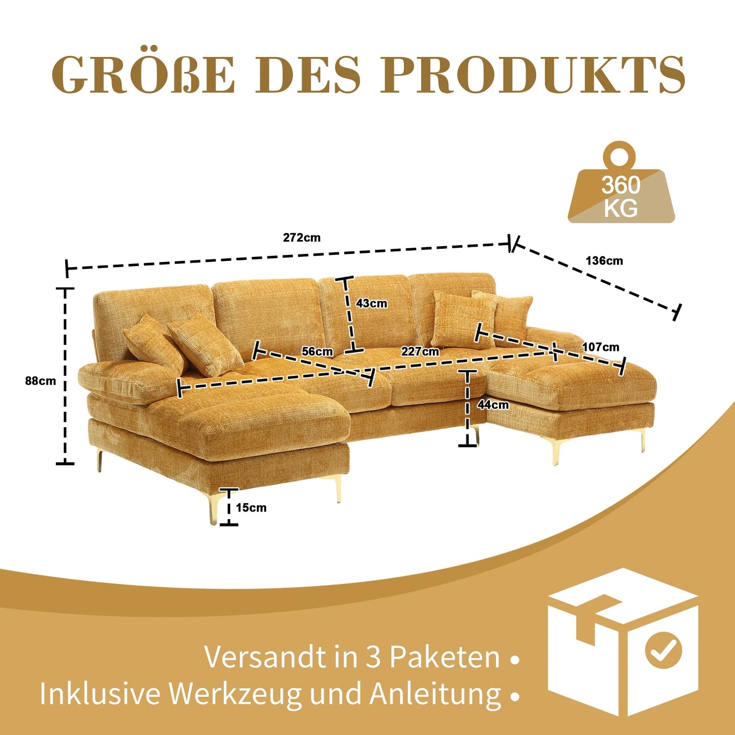 U-vormige Hoekbank – Hoekbank – Bank – Sofa – Zitbank – Geel – Hoogwaardig Chenille Stof – Gouden Metalen Poten
