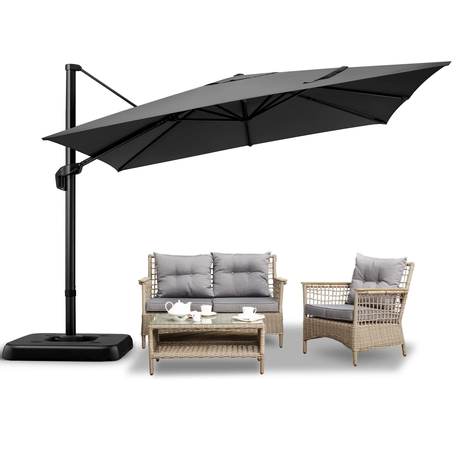 Parasol - Zweefparasol - Vrijdragende Parasol – Grote Parasol – Tuinparasol – Draaibare Parasol – 3X3 Meter – UV-Bestendig – Waterafstotend - Grijs
