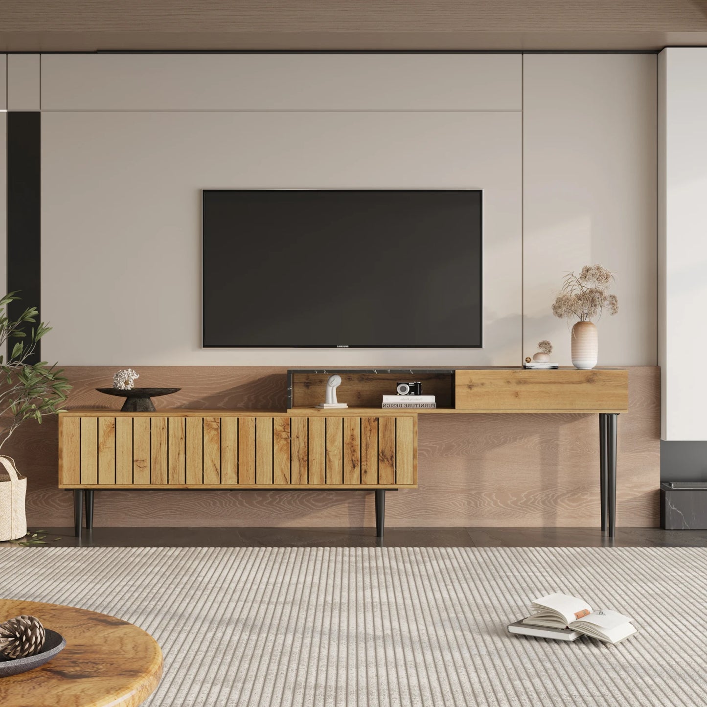 TV-Meubel – Tv-Stand – Tv-Kast – Mediameubel – Houten Tv-Unit – Marmeren Look – Duurzame PVC Afwerking – Stevige IJzeren Poot