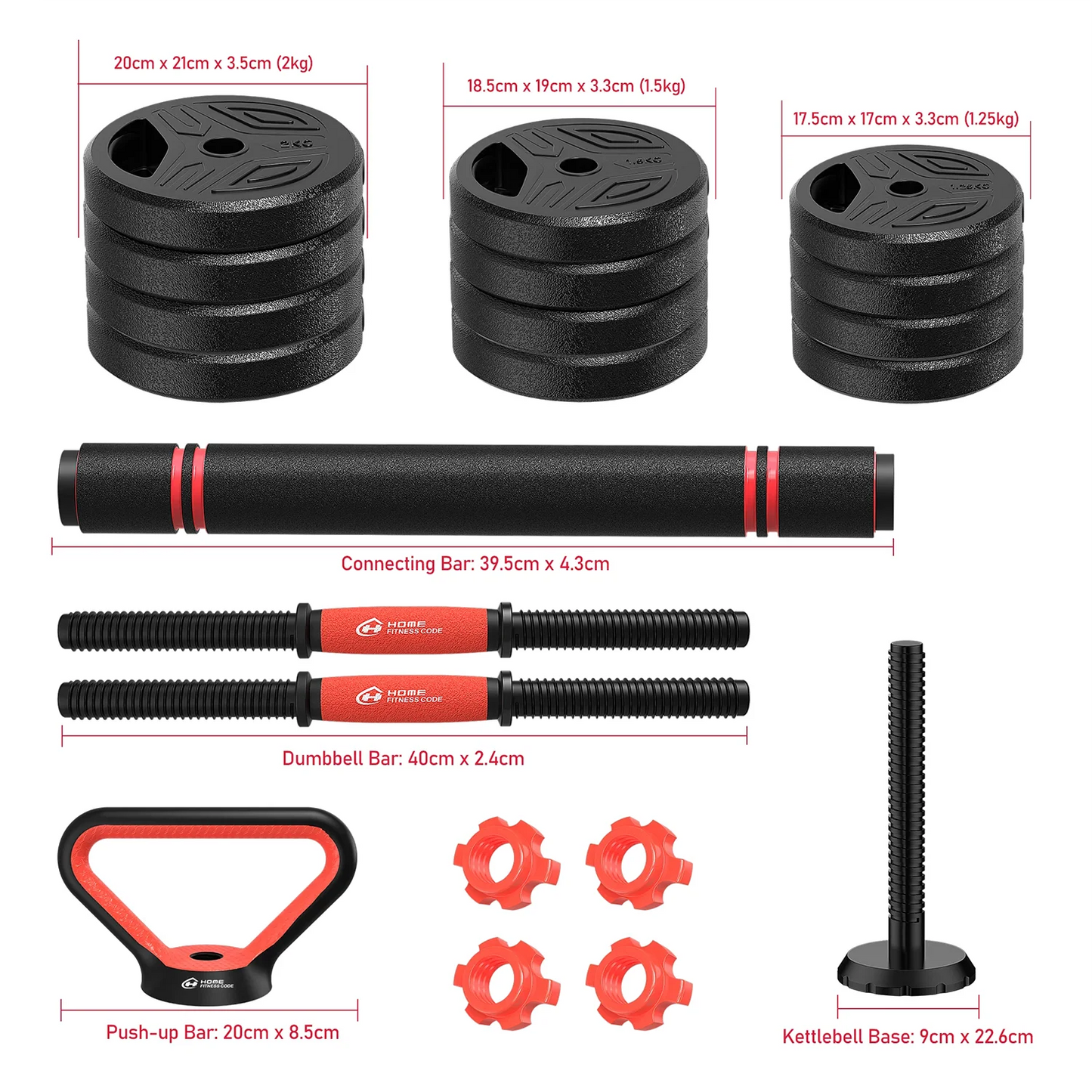 Dumbells - Halterset - 3-in-1 - Verstelbare – 20KG - Halterstang Met Gewichten – Voor Krachttraining - en Fitness - Duurzame Gewichtsplaten - Zwart-Rood - QUORE
