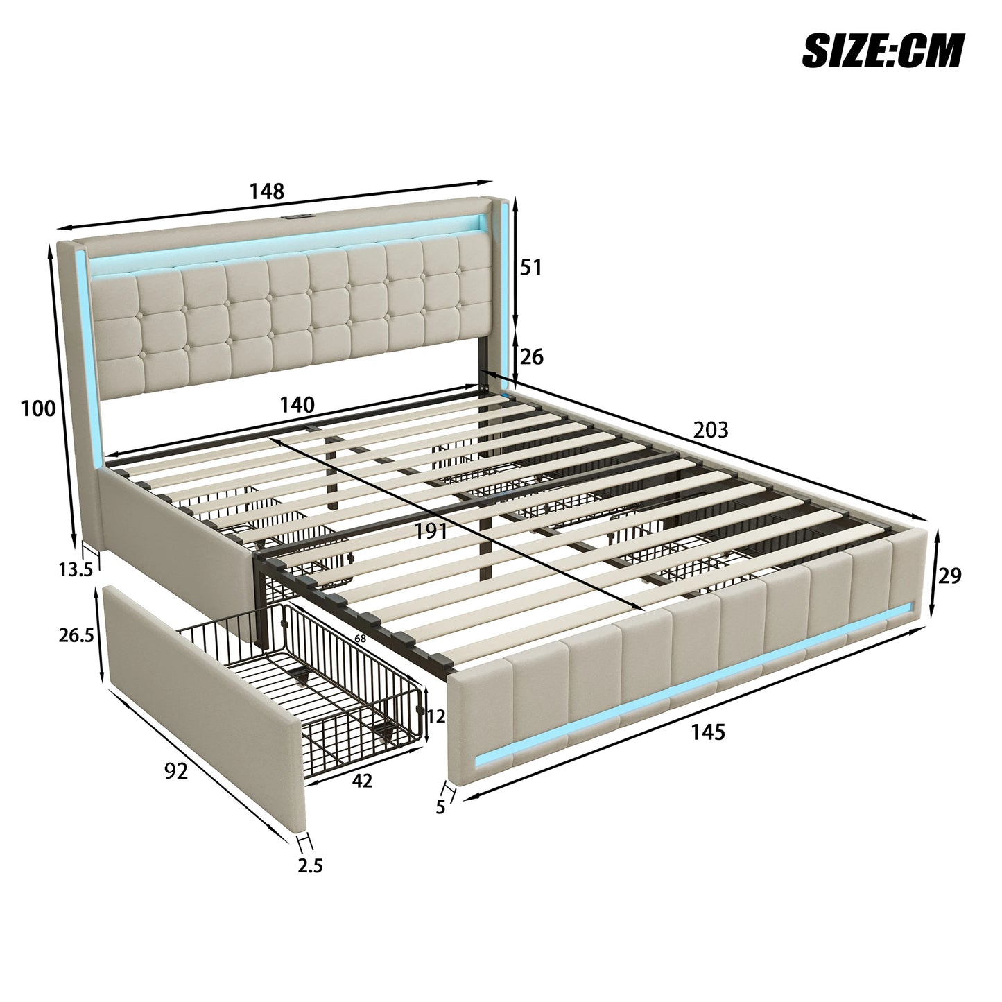 Gestoffeerd Bed – Bedframe – Slaapbank – Bed met Opbergladen – Linnen Bed – 140x190 cm – LED Verlichting – USB Oplaadpoort – Beige – 4 Grote Lades – Zonder Matras
