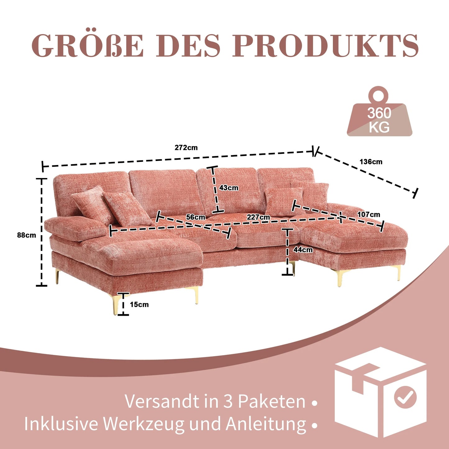 Hoeksalon – Hoekbank – Loungesofa – Modulaire Bank – U-Vormige Sofa – Roze – Hoogwaardig Chenille – Verstelbare Ligposities