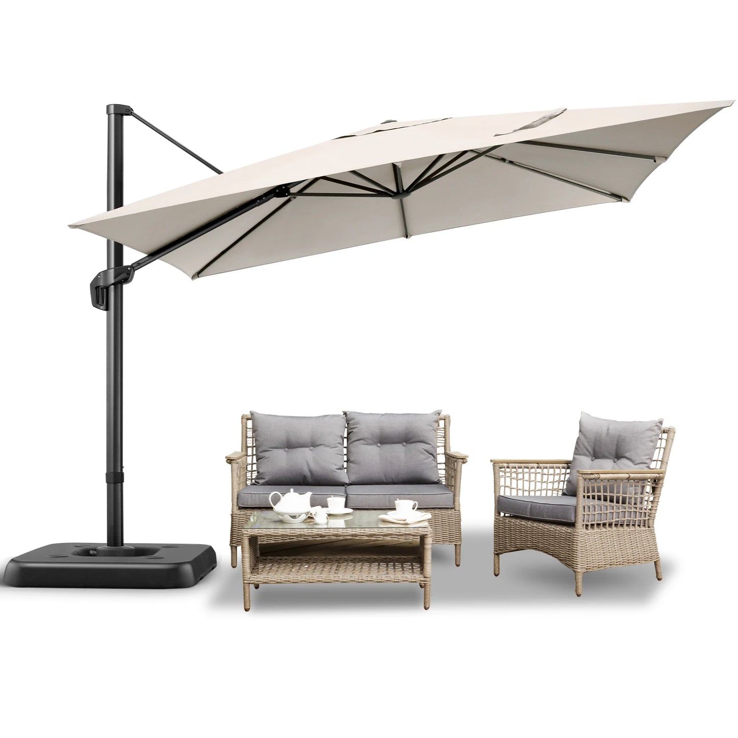 Parasol - Zweefparasol - Vrijdragende Parasol – Grote Parasol – Tuinparasol – Draaibare Parasol – 3X3 Meter – UV-Bestendig – Waterafstotend - Beige