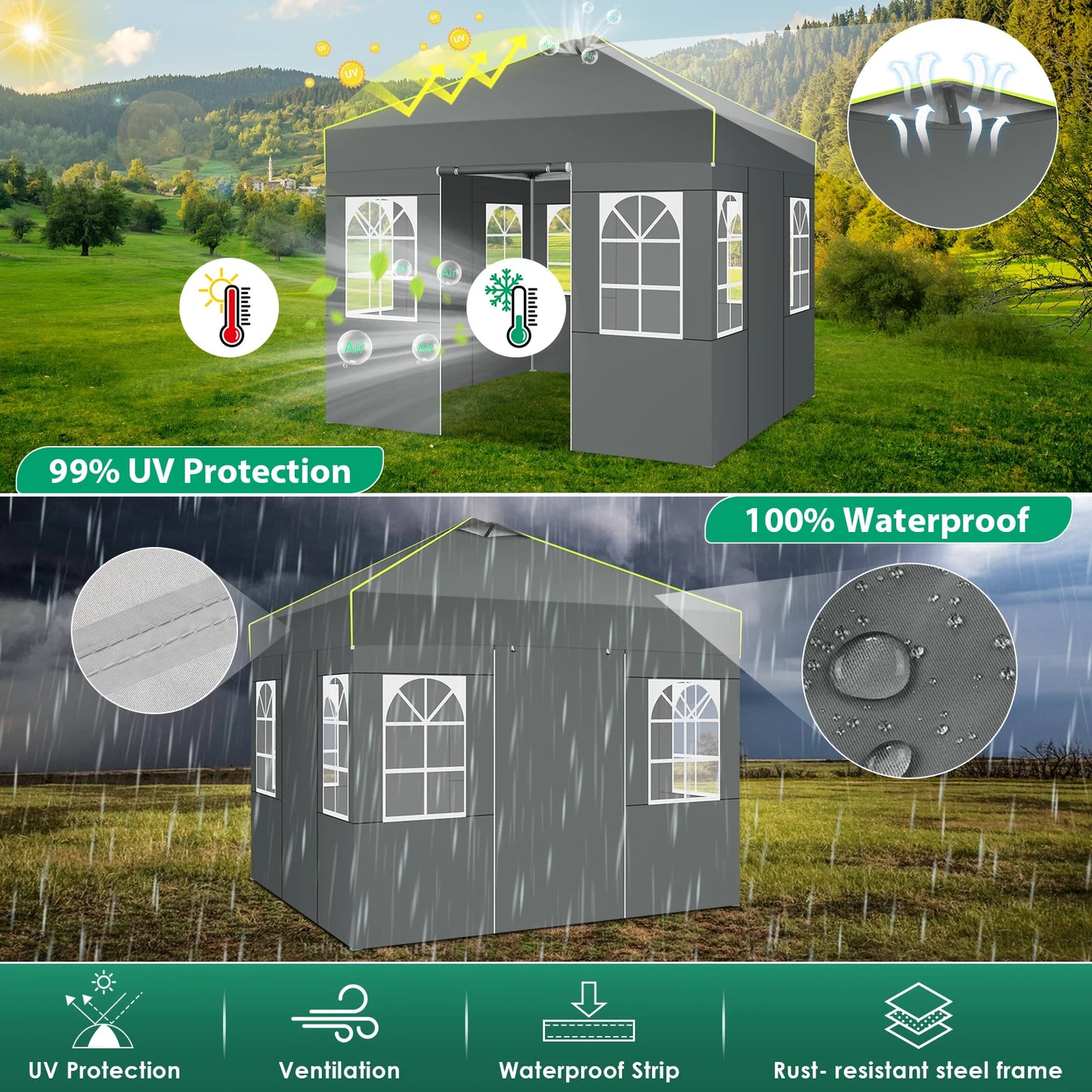 Pop-Up Tent – Vouwtent – Evenemententent – Marktkraamtent – Waterdicht Oxford Doek – UPF 50+ Bescherming – Verstelbare Hoogte - 3 x 3 m - Grijs