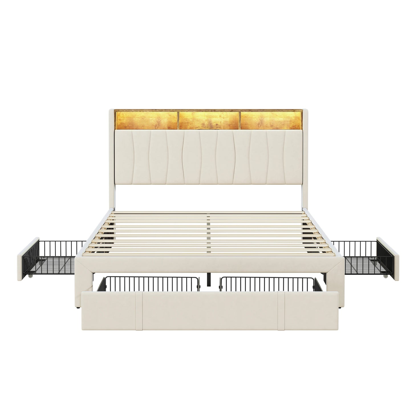 Bedombouw – Gestoffeerd Bed – Tweepersoonsbed – Opbergbed – Ledikant – 160x200 cm – Met LED-verlichting en USB Type-C Poorten