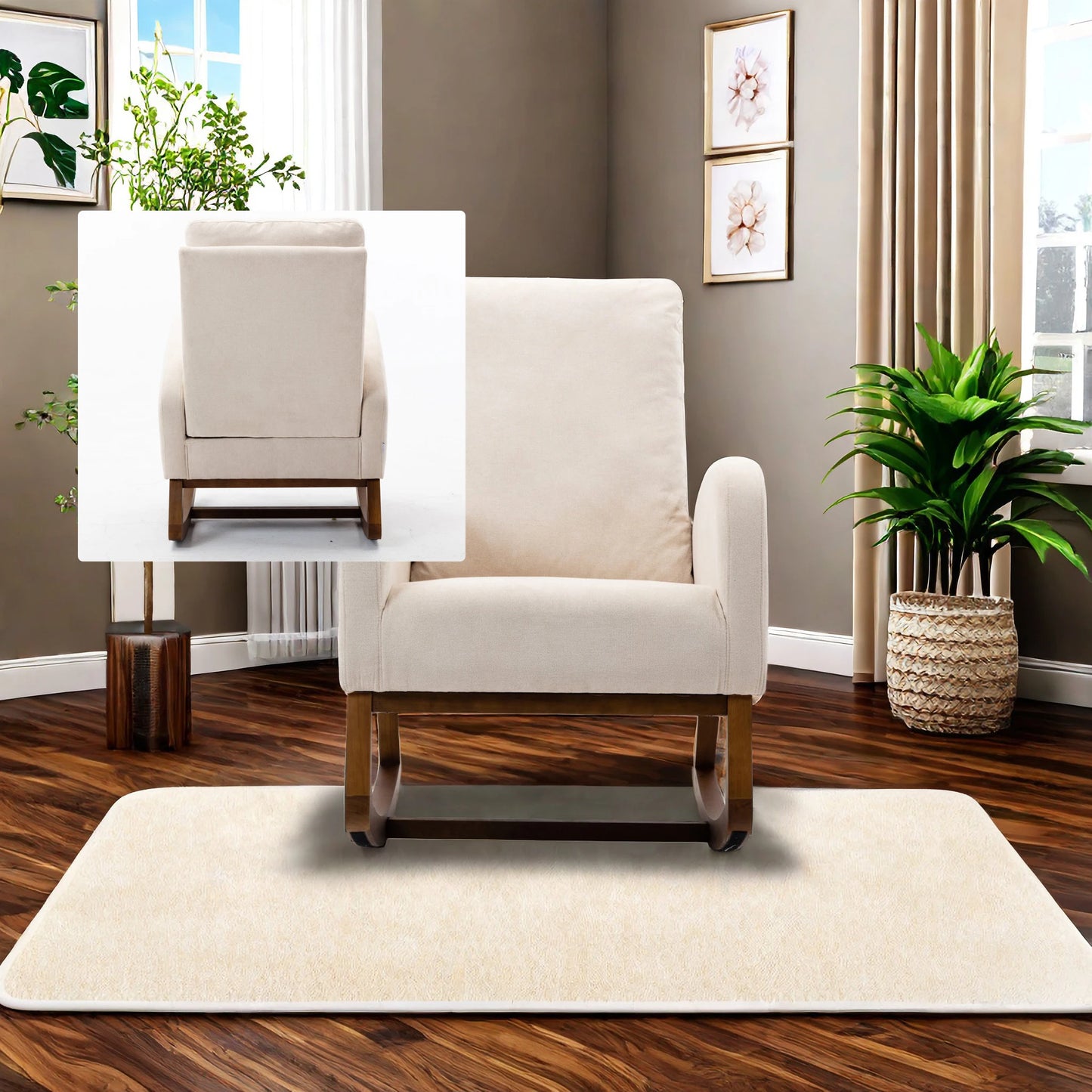 Schommelstoel – Schommelstoel Met Kussen – Relaxstoel – Houten Stoel – Ergonomisch Ontwerp – Hoog Rugleuning – Linnen Kussen - 68.98 x 94 x 100.84 cm - Beige